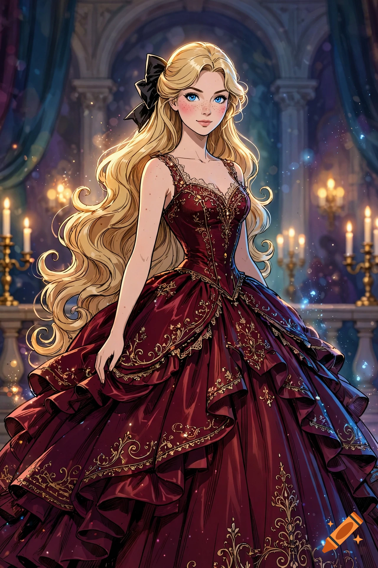 An anime-style illustration of a young blonde woman wearing an elaborate dark red ballgown with gold embroidery, standing in a candlelit hall.