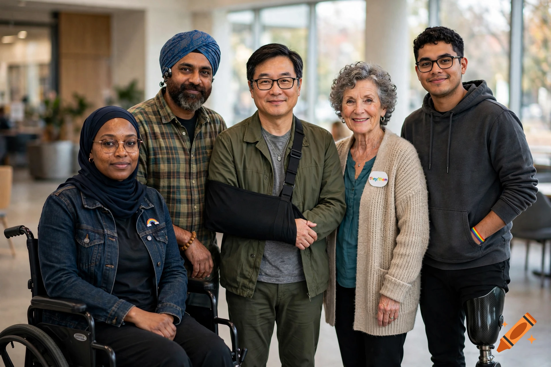 Photorealistic group portrait of five diverse adults smiling together in a modern indoor space.