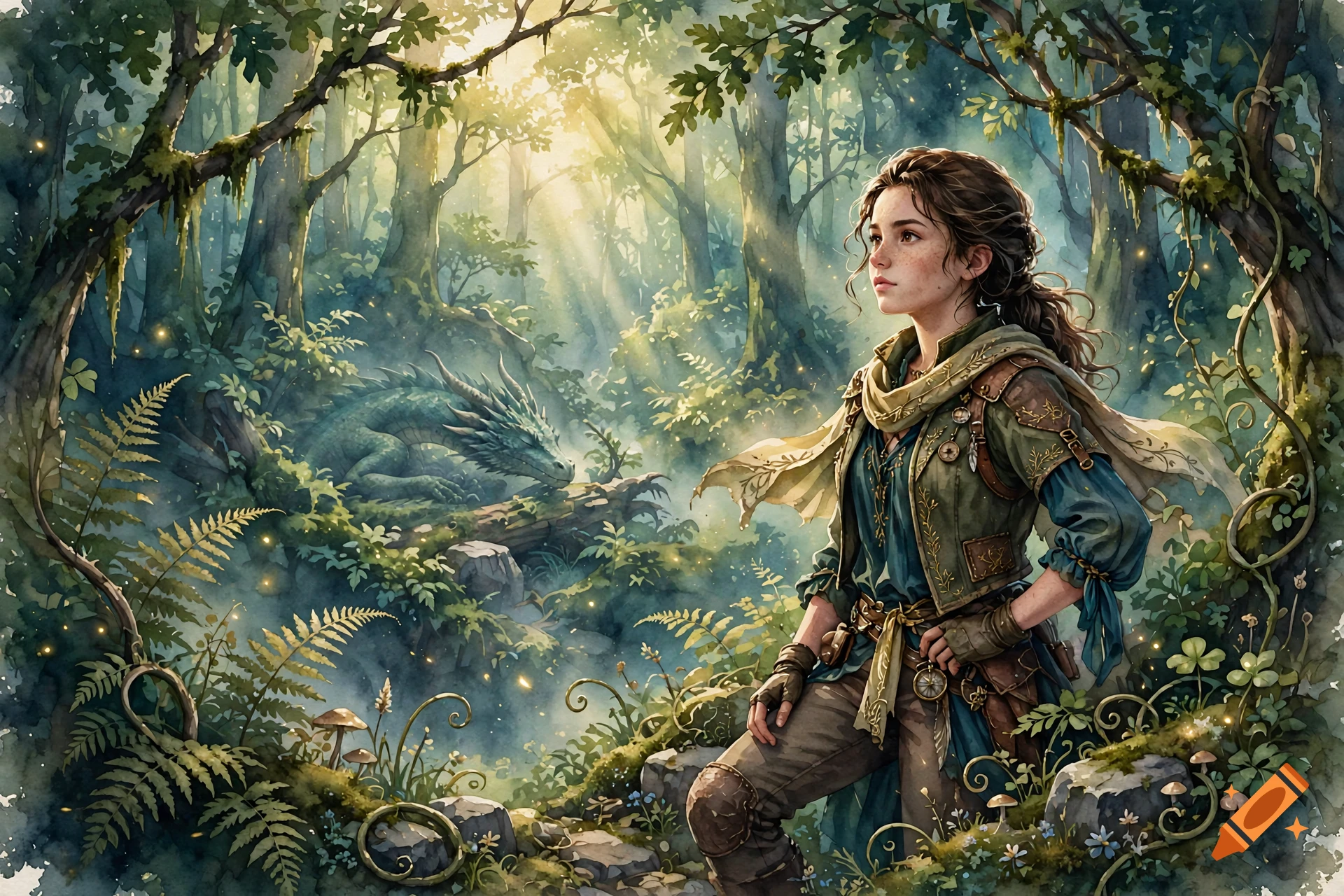 Detailed watercolor illustration of a young female adventurer in a glowing forest with a sleeping dragon in the background.