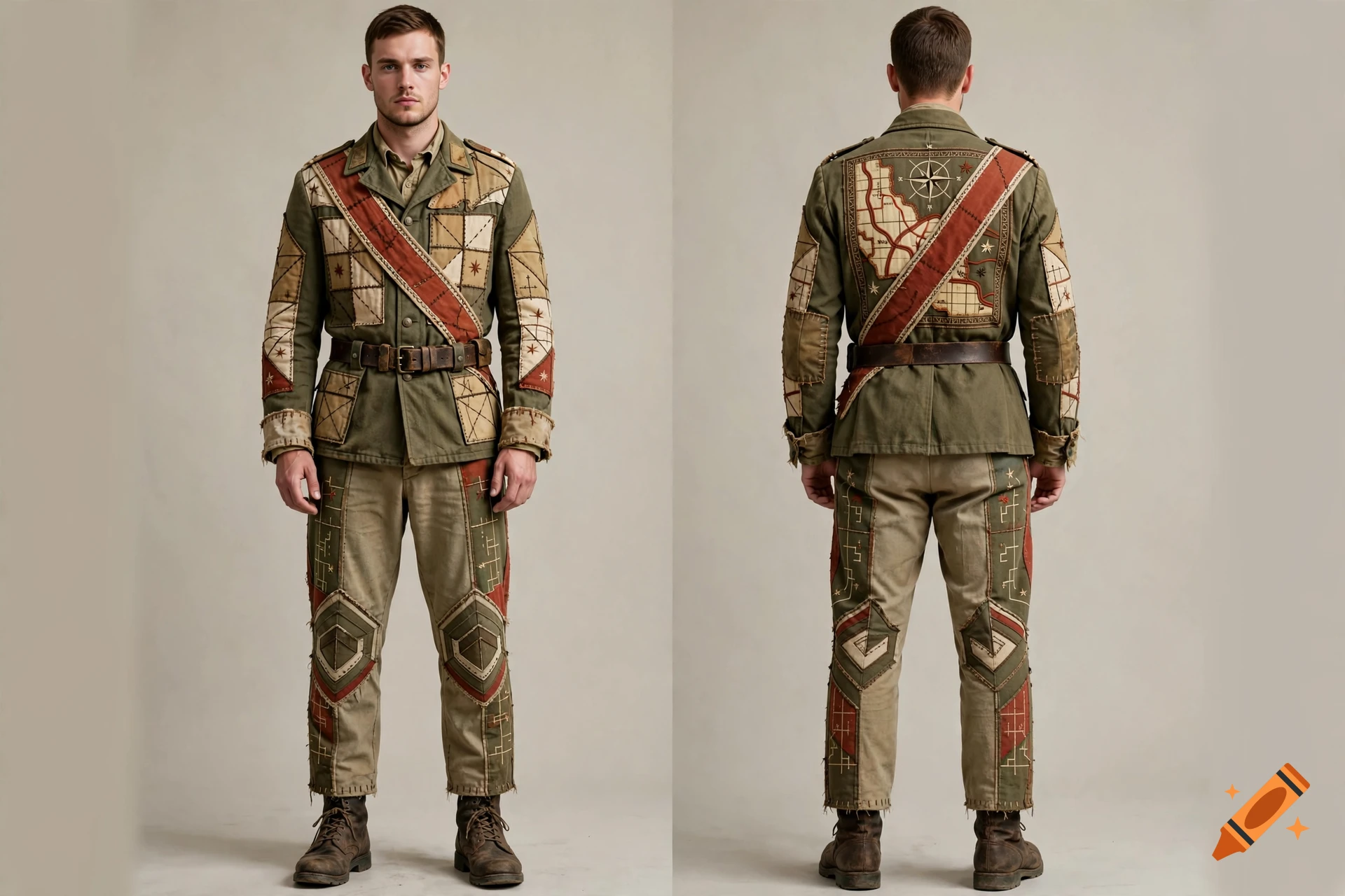 Full-body front and back view of a male model wearing a customized World War II military uniform with map-inspired patched designs.