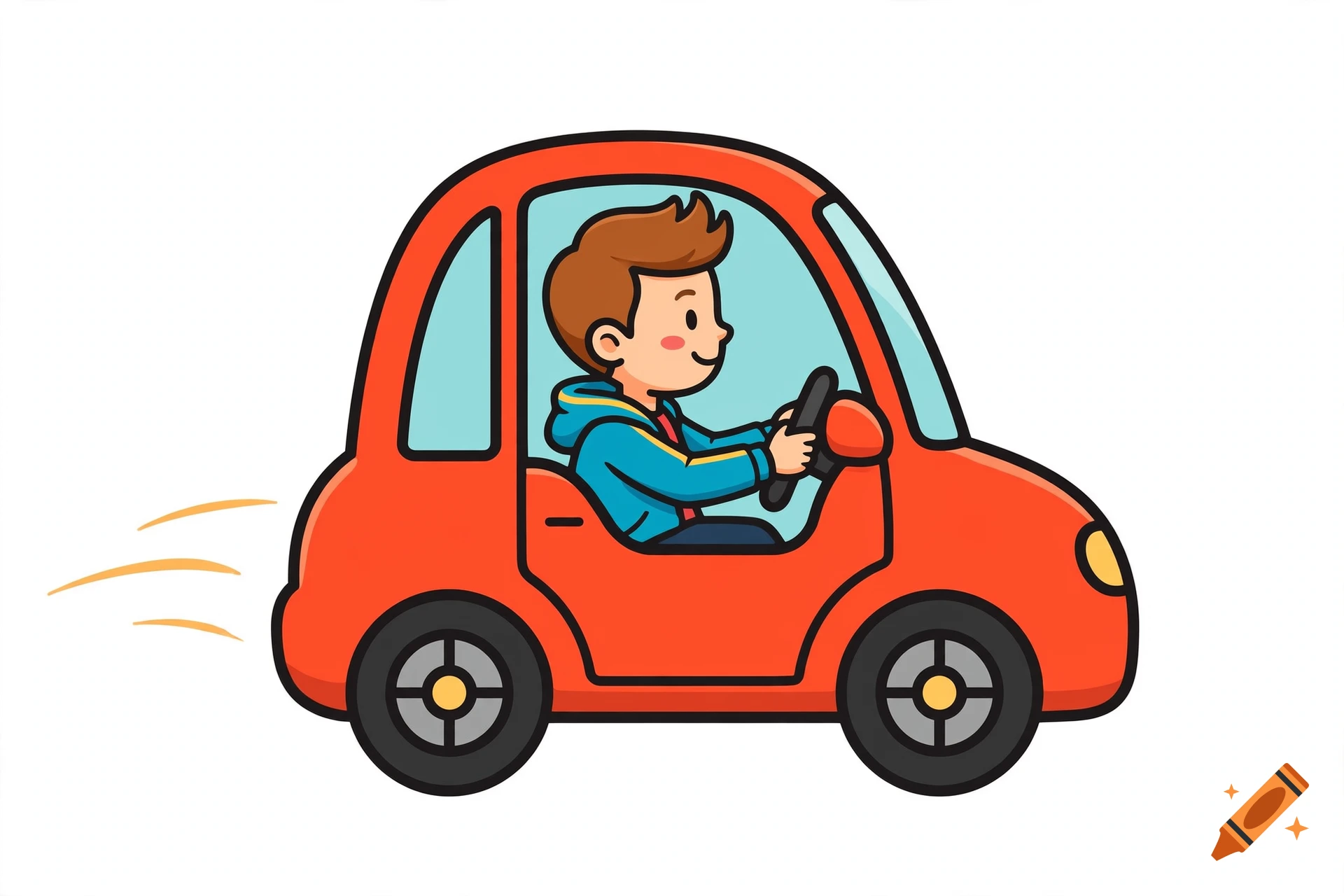 Flat cartoon illustration of a smiling boy character driving a red car, side view, on a white background.