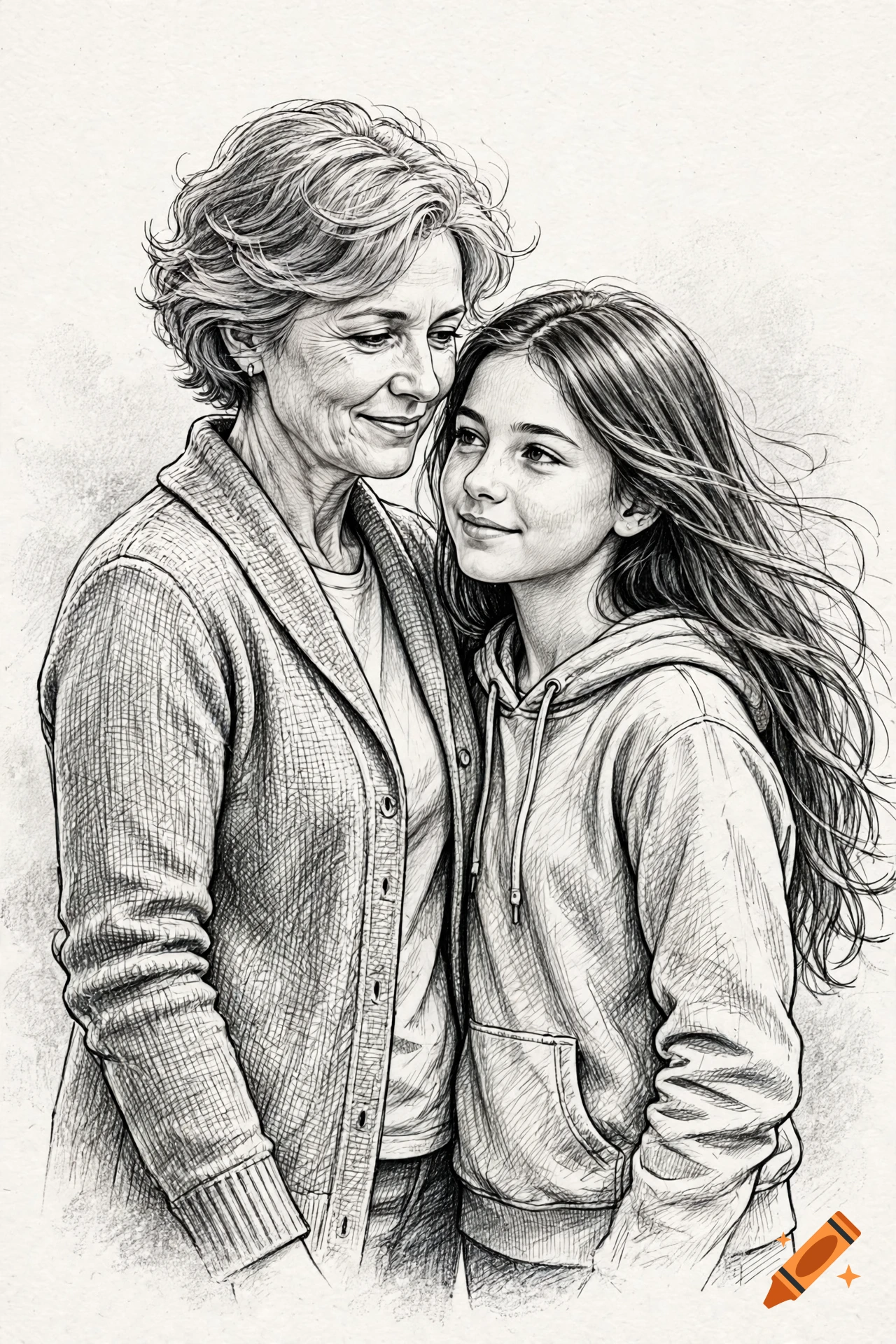 Pencil sketch of a smiling mother and her teenage daughter standing close together.