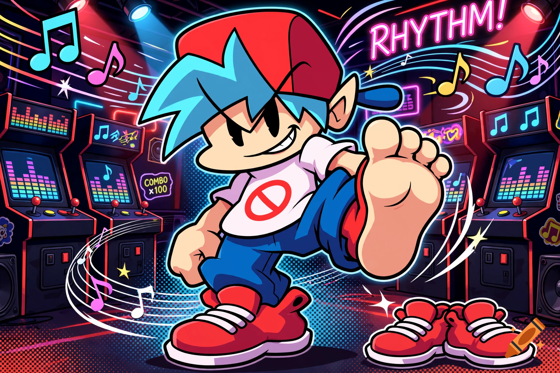 Boyfriend from Friday Night Funkin showing off his bare feet in a neon arcade setting, digital illustration.