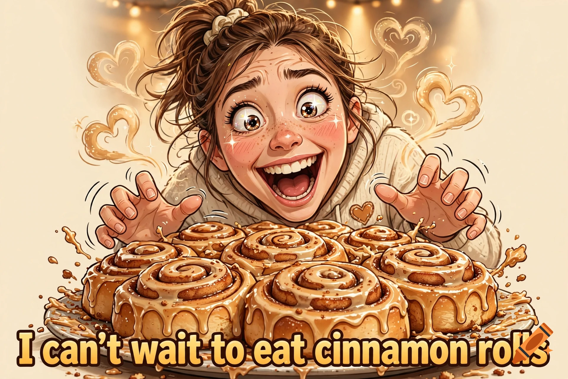 An excited anime-style girl with wide eyes reaching for a large platter of cinnamon rolls, with the caption 'I can't wait to eat cinnamon rolls'.