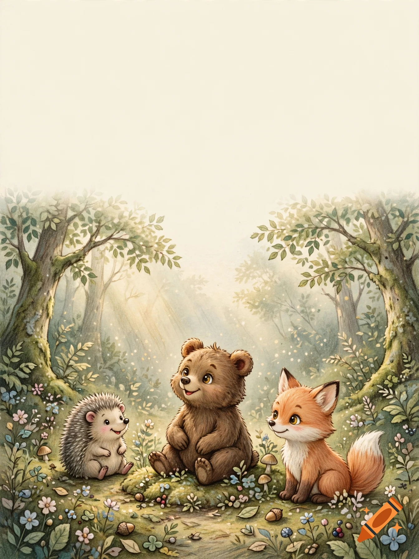 Charming children's book illustration of a smiling bear, hedgehog, and fox in a magical forest clearing.