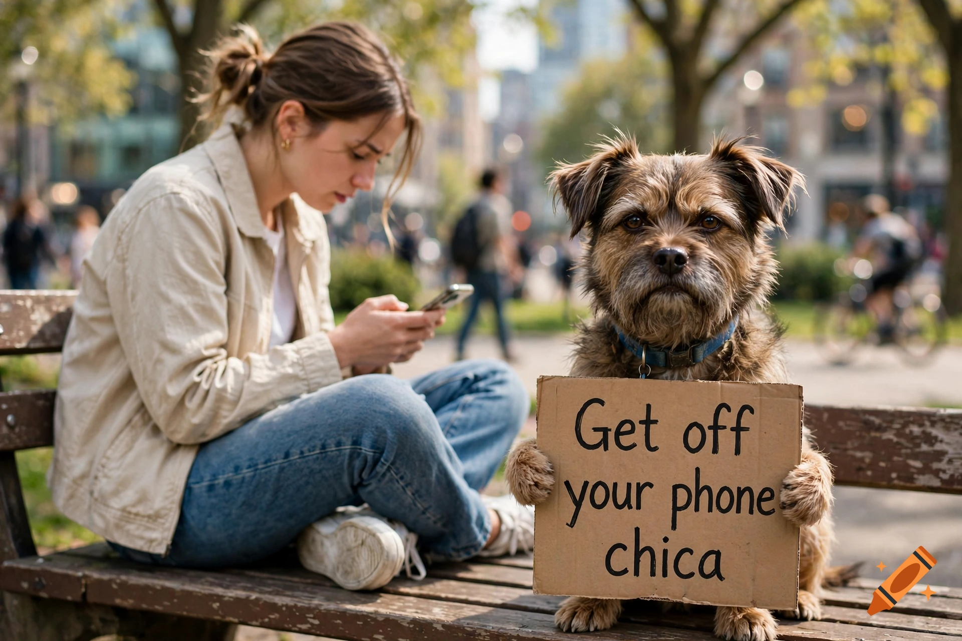 Photorealistic image of a scruffy terrier dog holding a cardboard sign that reads 'Get off your phone chica' while a woman sits on a bench behind it looking at her phone.