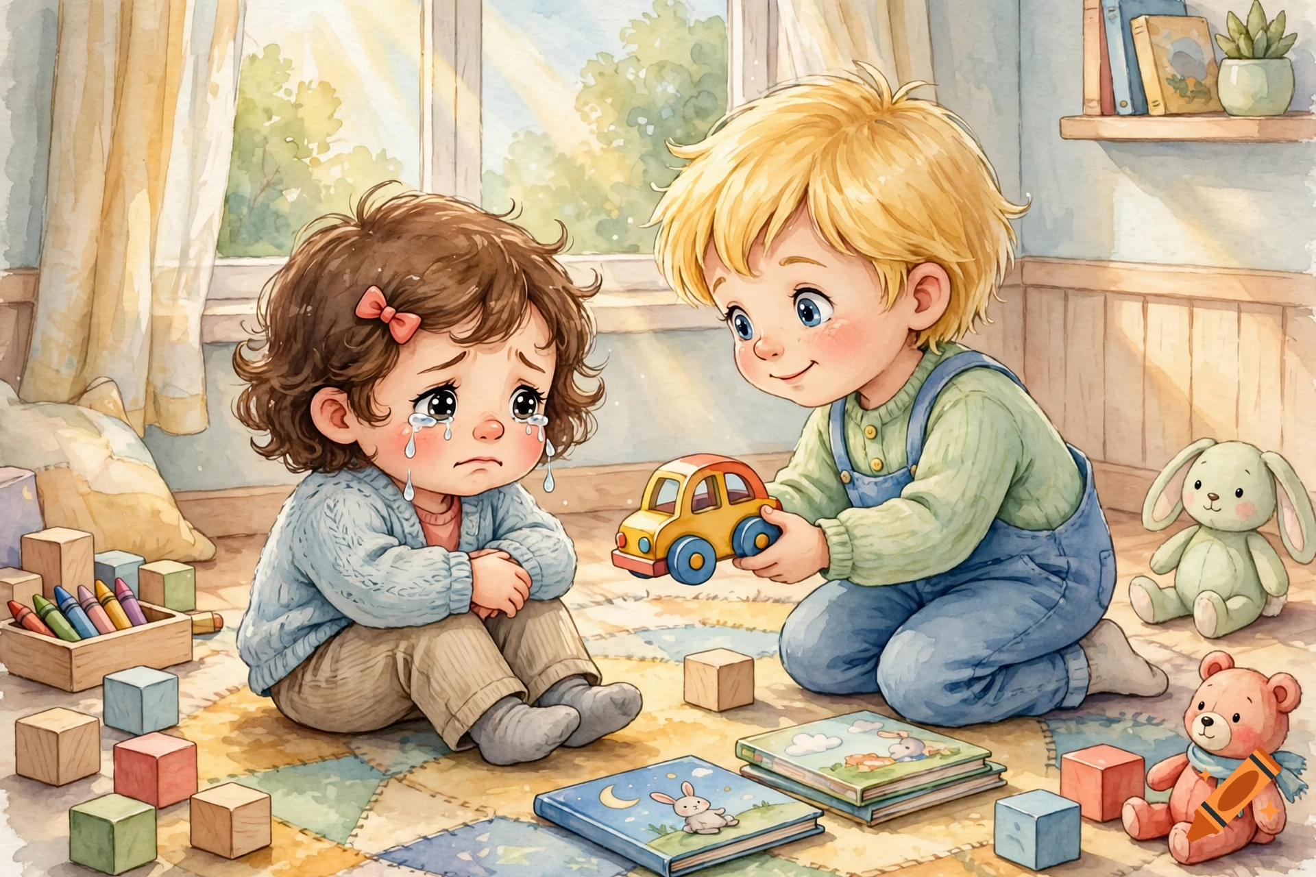 Watercolor children's book illustration of a crying toddler girl sitting on the floor while a smiling blond boy offers her a toy car.