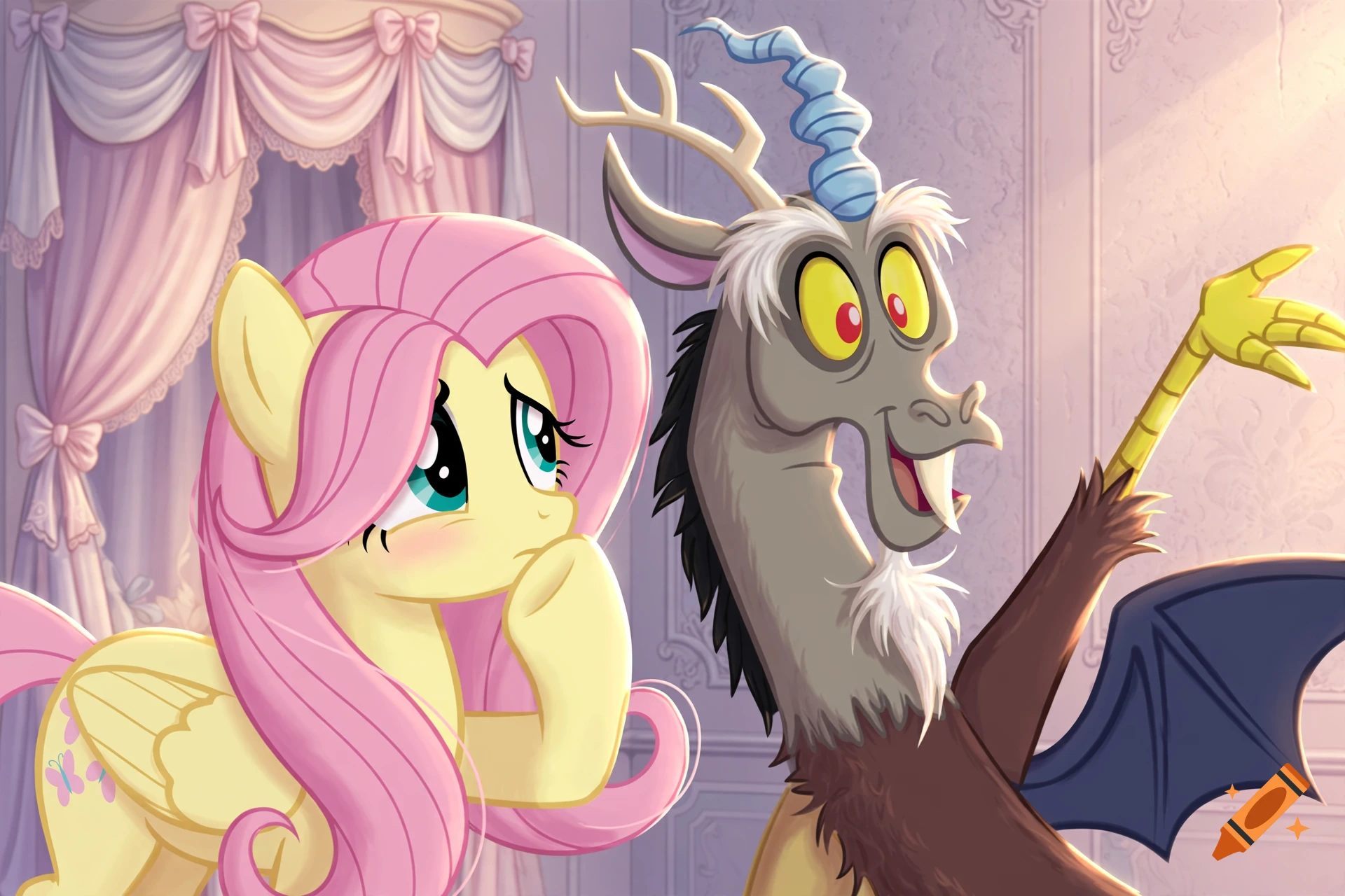 Fluttershy and Discord from My Little Pony interacting in an ornate room
