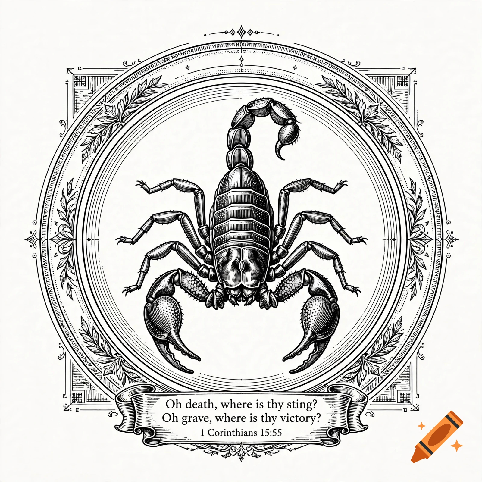 Black and white engraving style illustration of a scorpion inside a decorative circle with the bible verse 1 Corinthians 15:55 below.