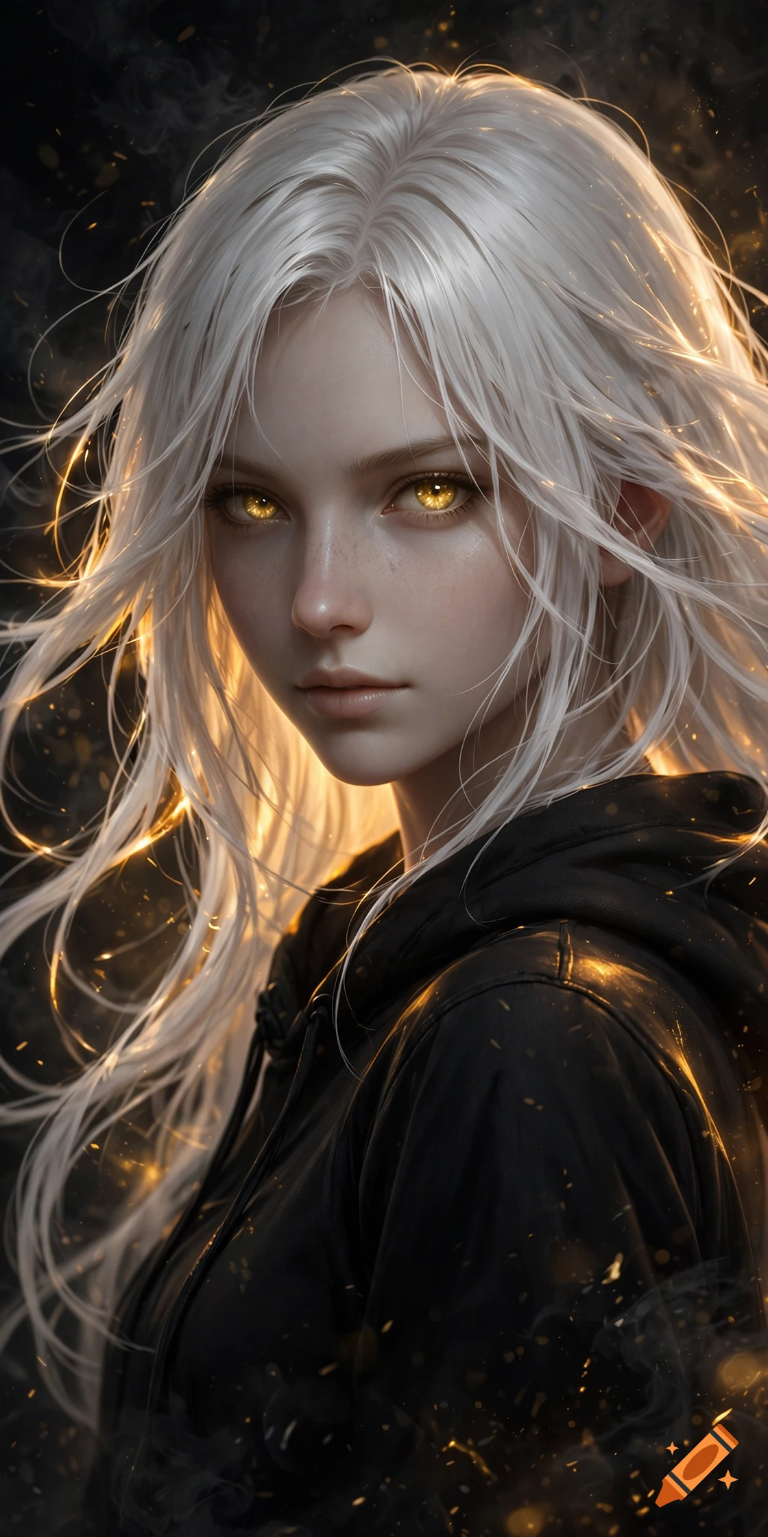 Digital art portrait of a young woman with long white hair, glowing gold eyes, and a black hoodie.