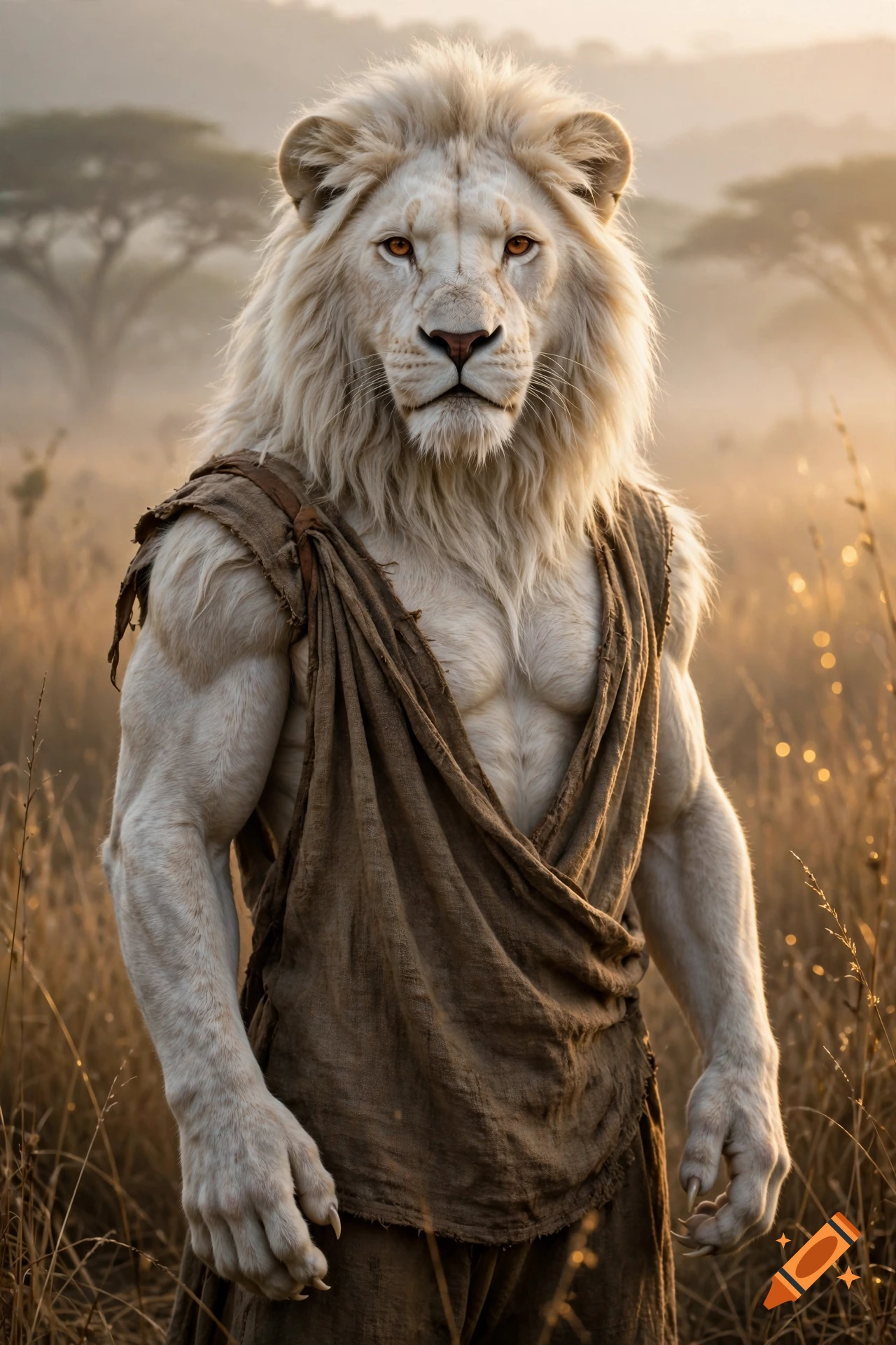 Photorealistic portrait of a muscular white lion humanoid shifter wearing a tattered brown tunic in an open grassy savanna.