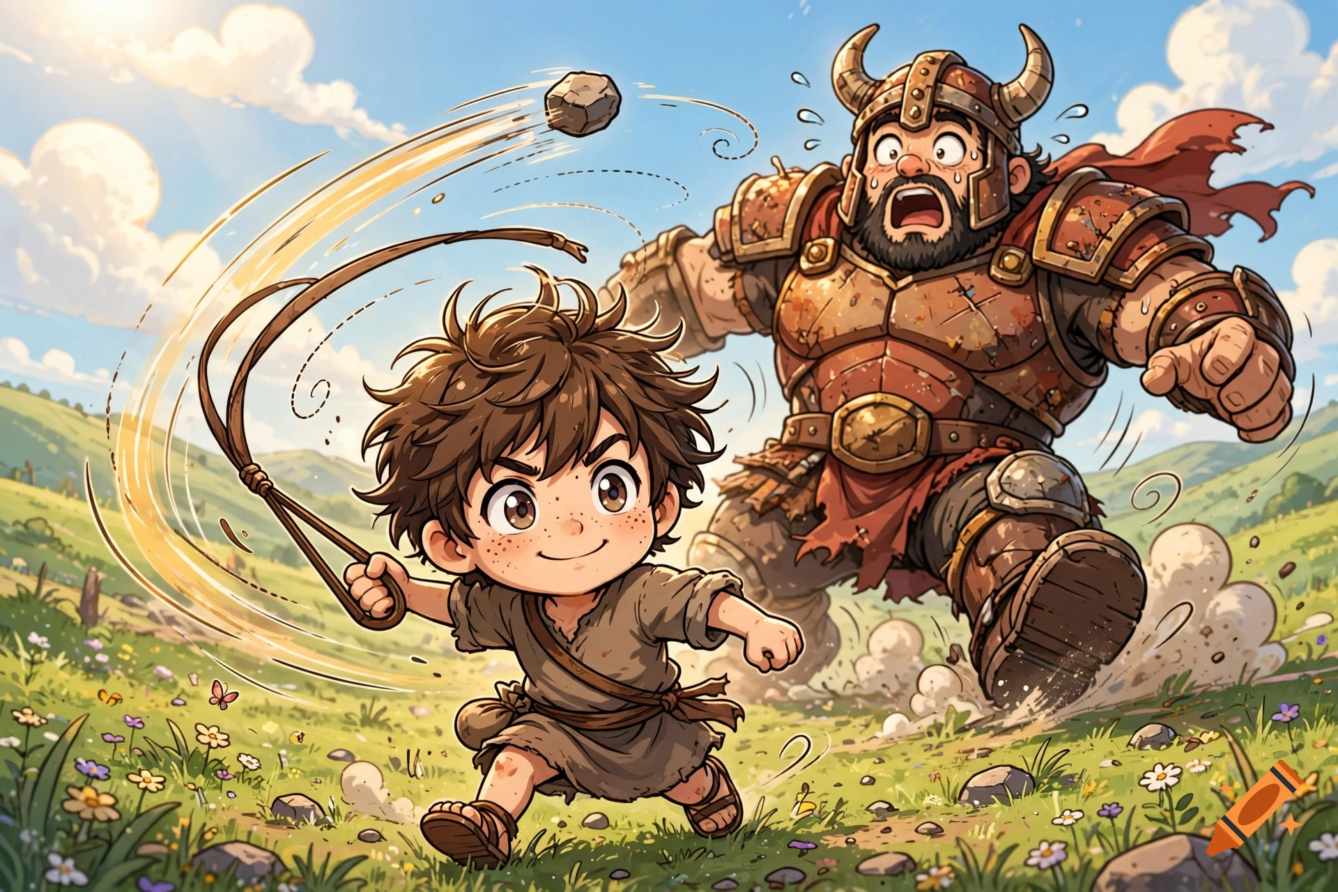 Animated cartoon illustration of young David throwing a stone with a slingshot at a fleeing, panicked Goliath in armor across a grassy field.
