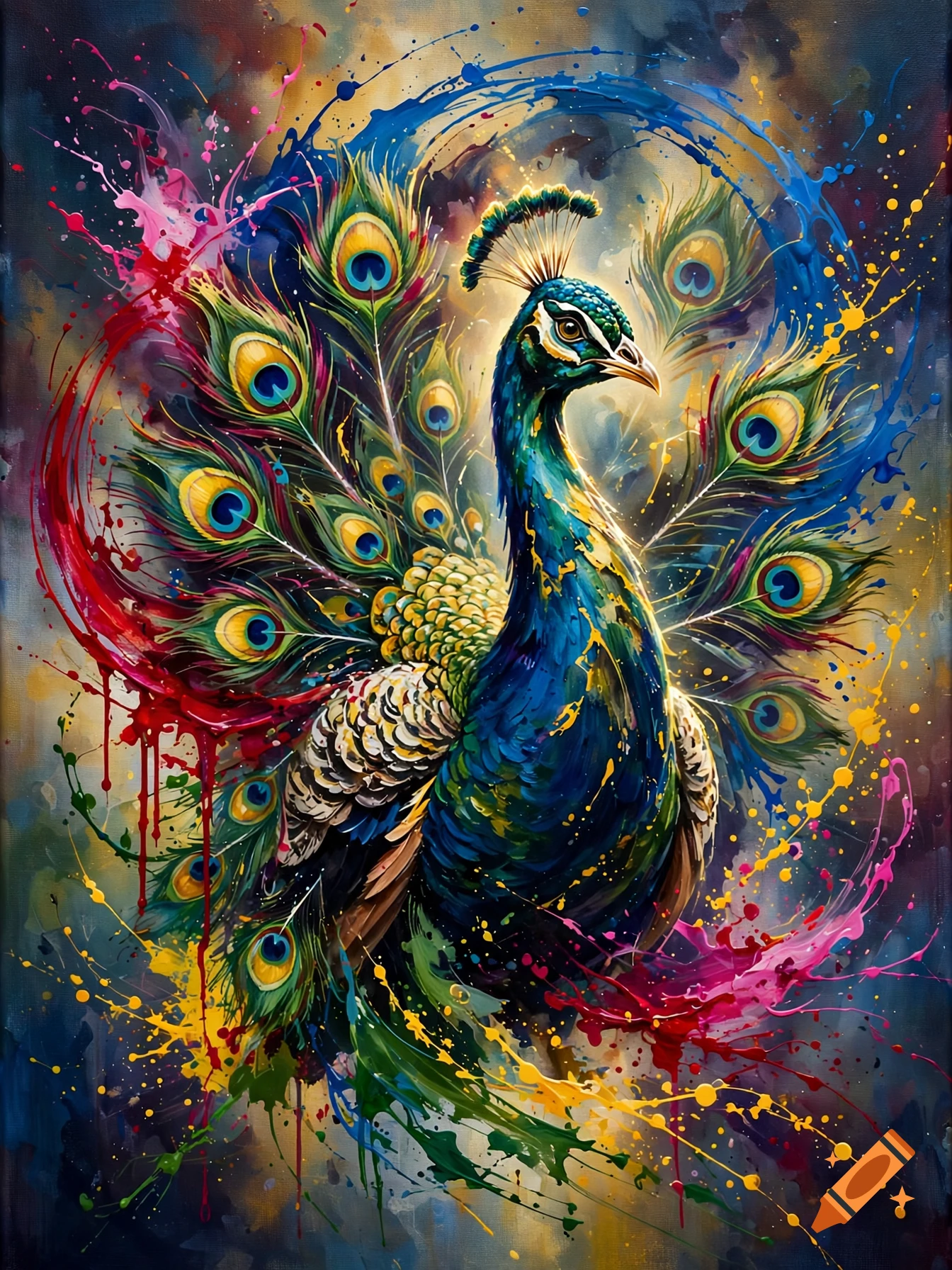 Colorful artistic painting of a peacock with vibrant paint splatters and detailed feathers.