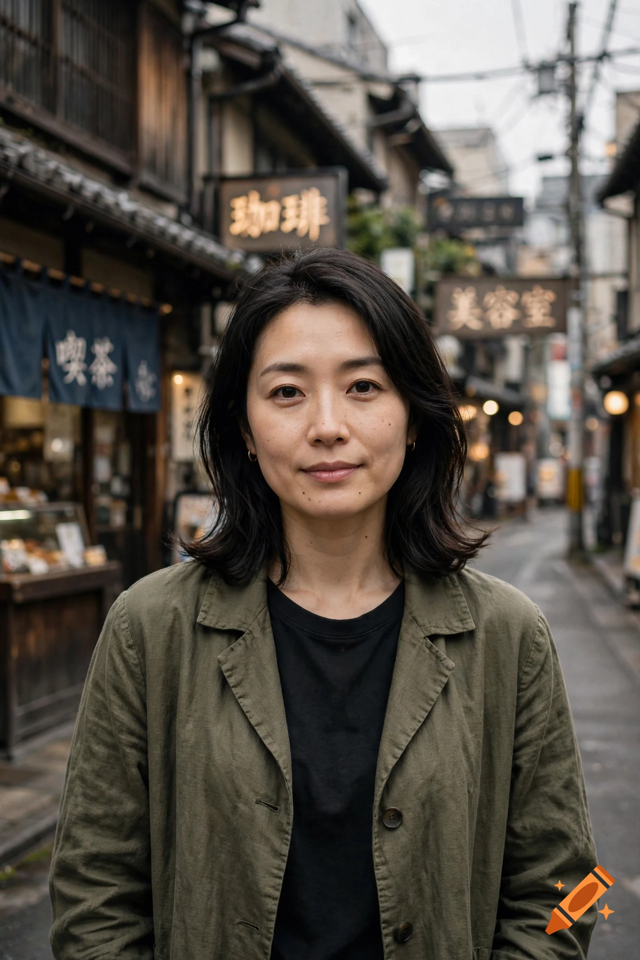 Photorealistic portrait of a Japanese woman with dark hair wearing an olive green jacket, standing on a traditional narrow street in Japan with shops in the background.