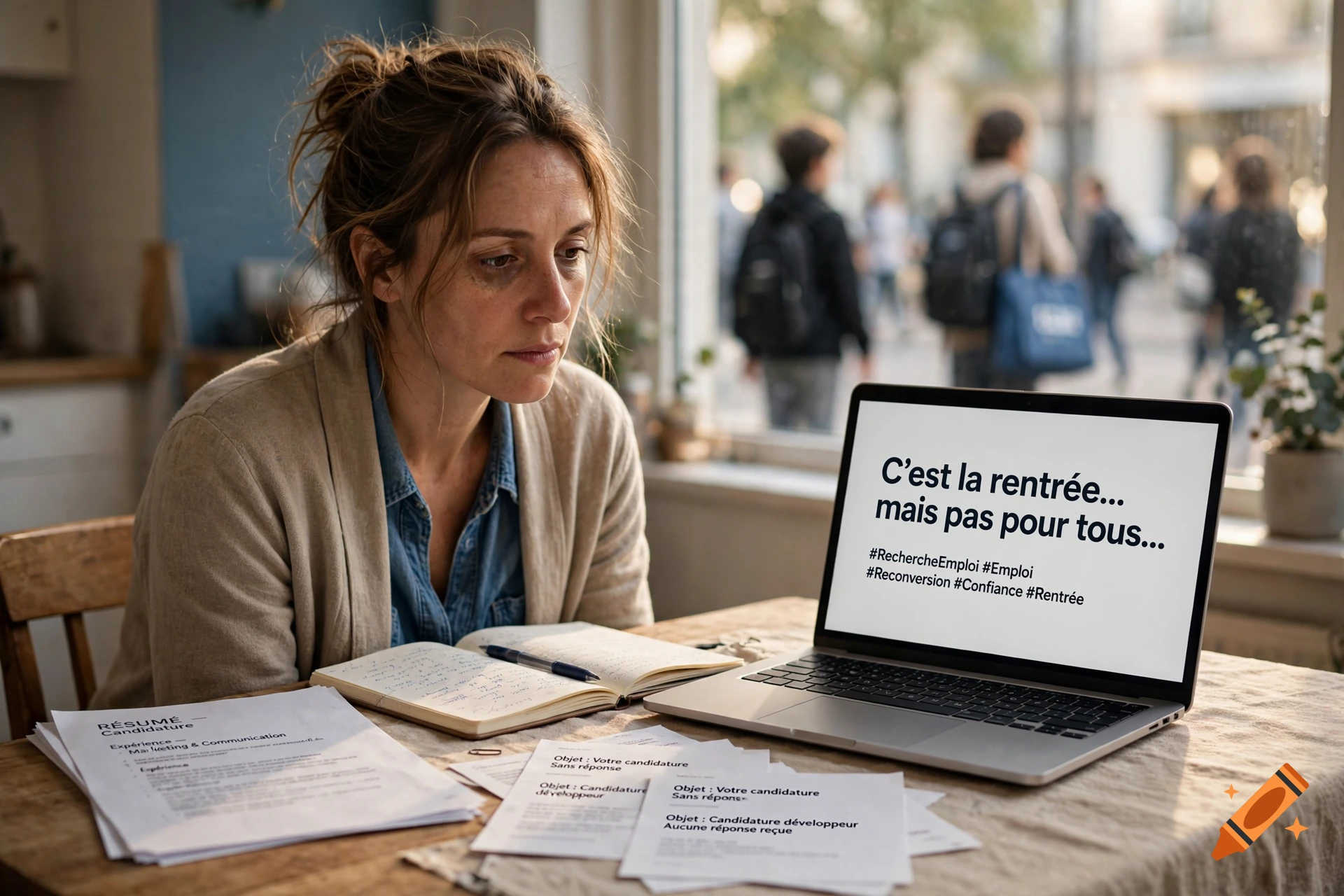 Photorealistic image of a woman sitting at a table with a laptop displaying French text and job application papers.