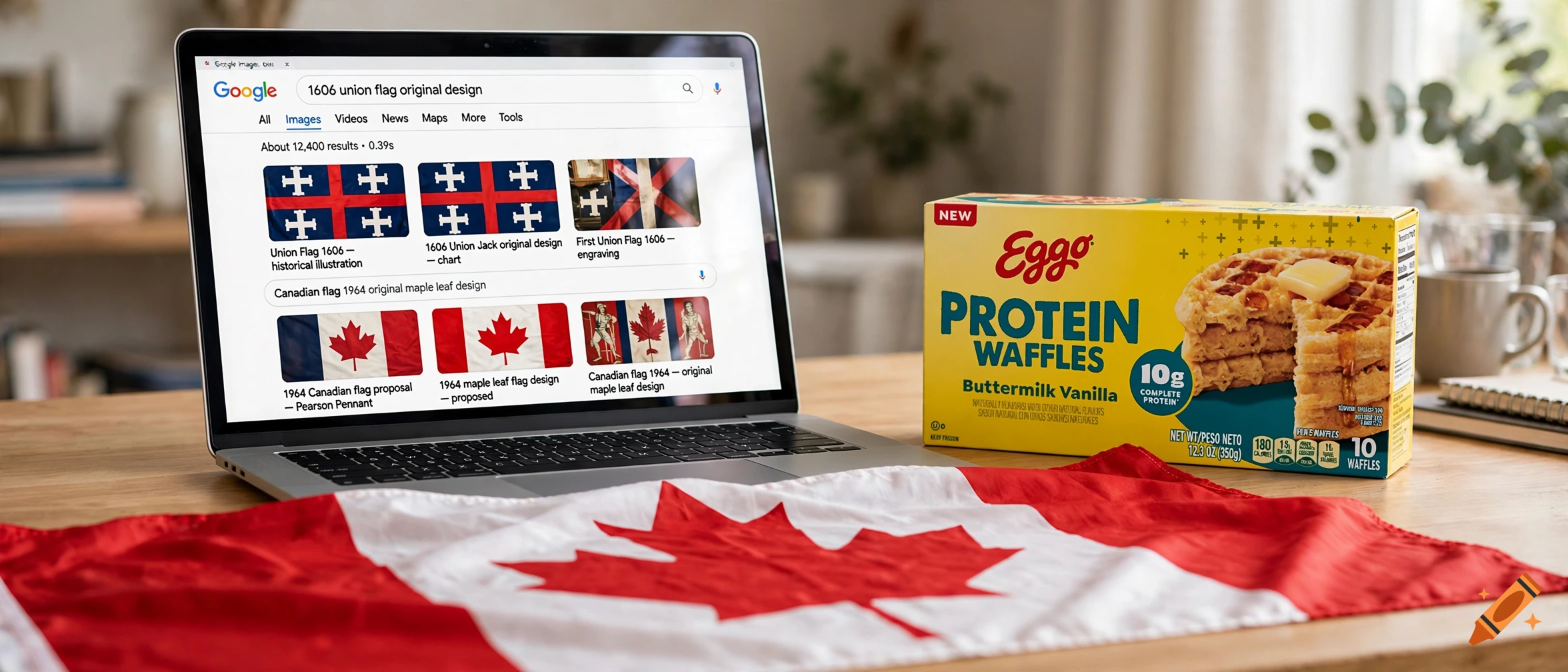 Laptop displaying a Google image search next to an Eggo protein waffles box on a wooden table with a Canadian flag in the foreground.