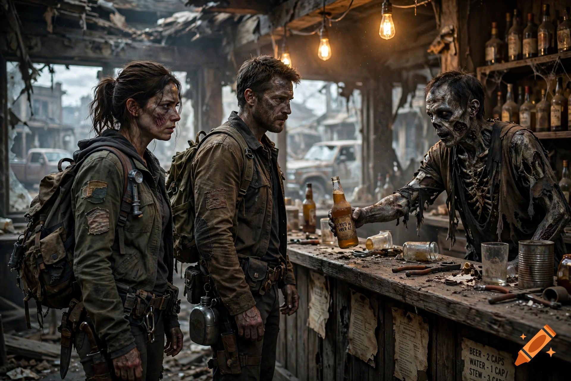 Photorealistic post-apocalyptic bar scene with two weary human adventurers and a zombie bartender handing them a beer bottle.