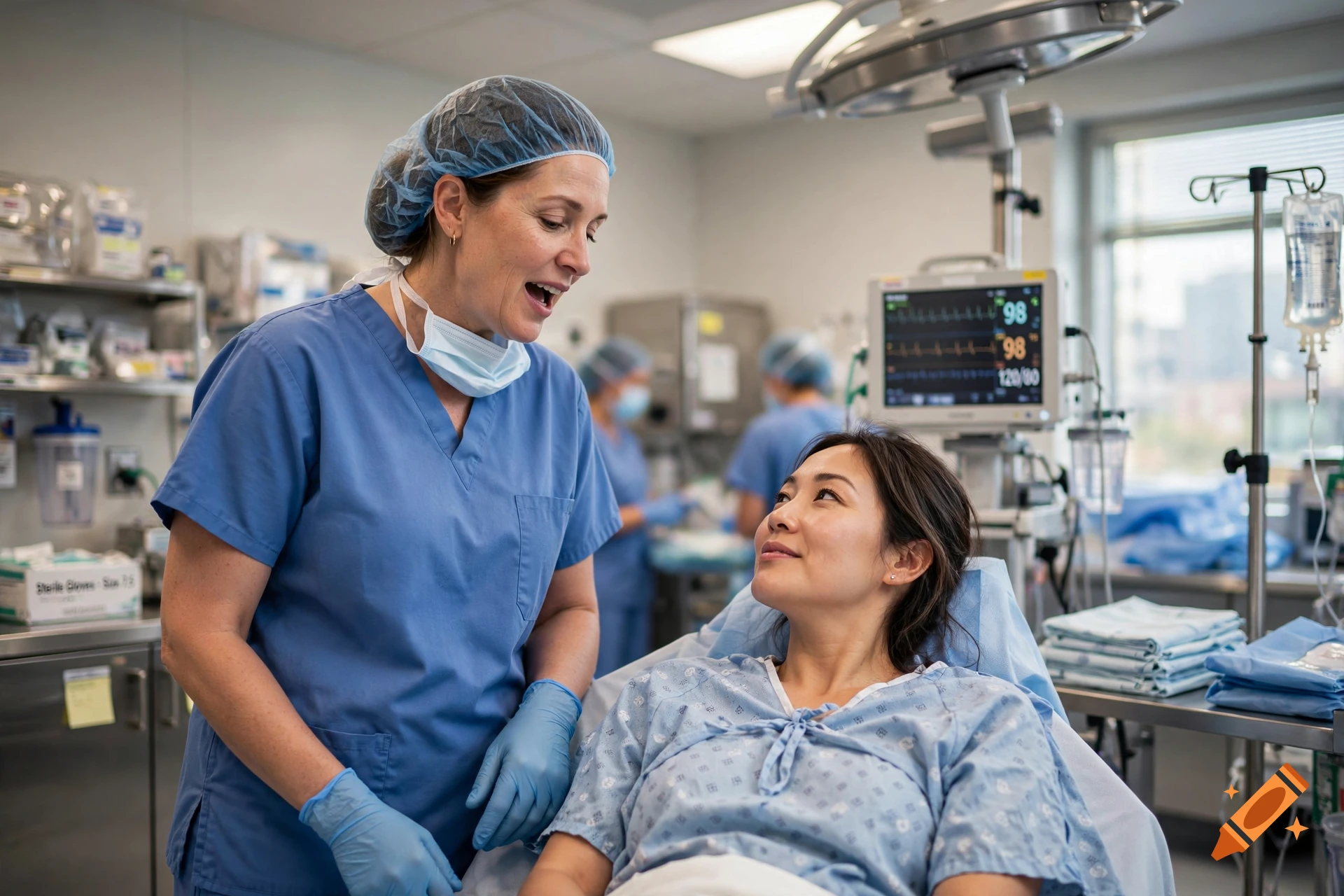 Photorealistic scene of a smiling female surgeon talking to a patient in a hospital room before surgery.