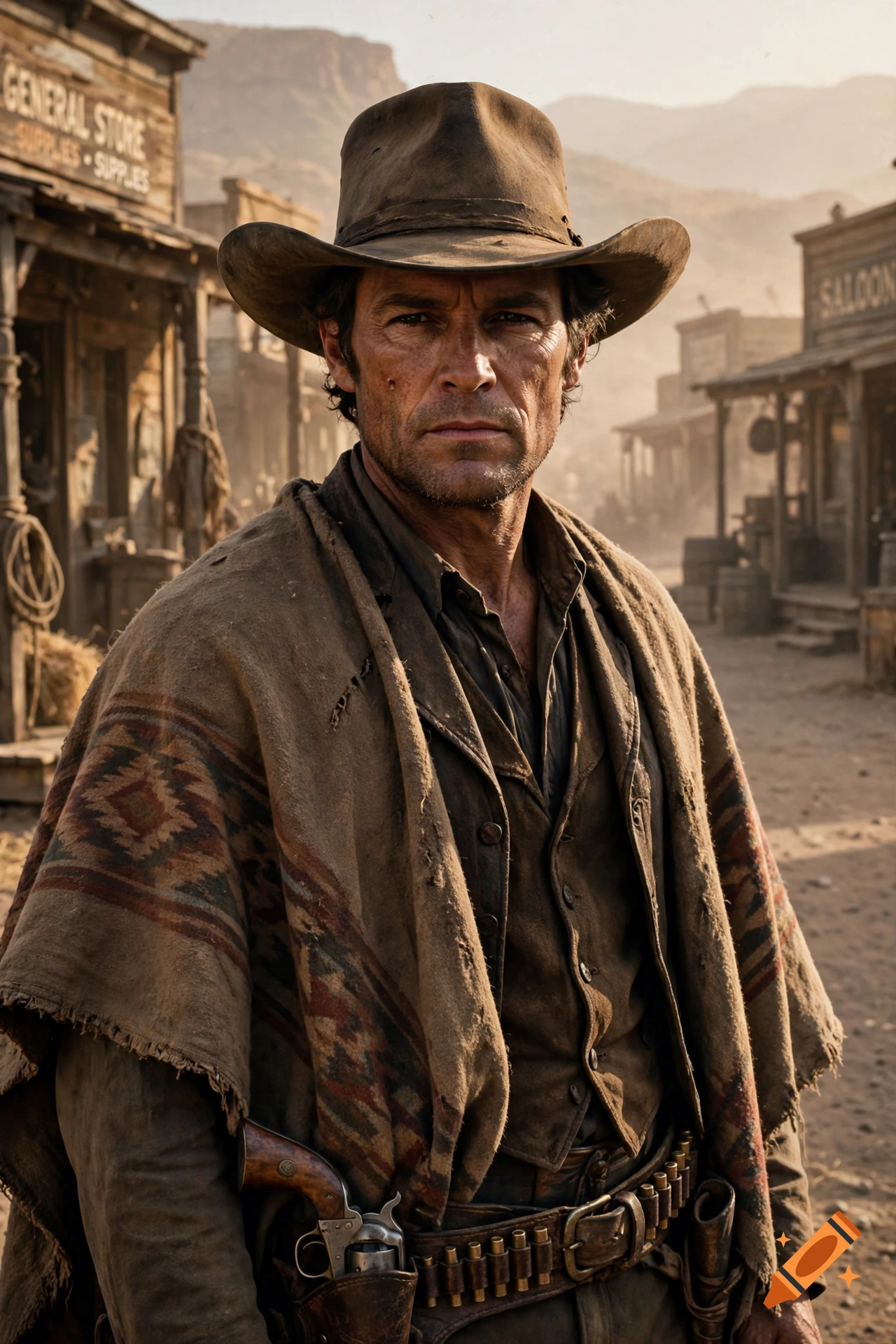 Photorealistic medium shot of a rugged cowboy in a western town wearing a brown hat and poncho with a gun holster.