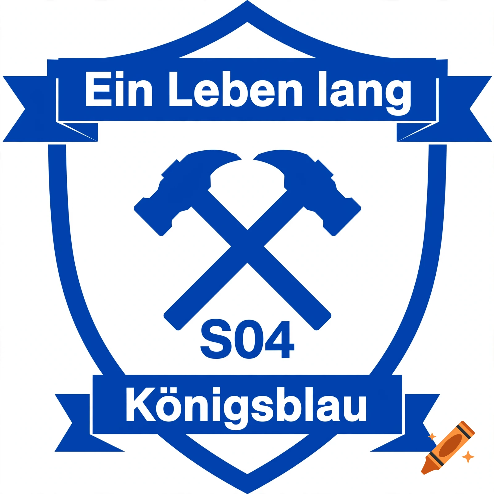 Minimalist blue and white coat of arms logo with crossed mining hammers and text.