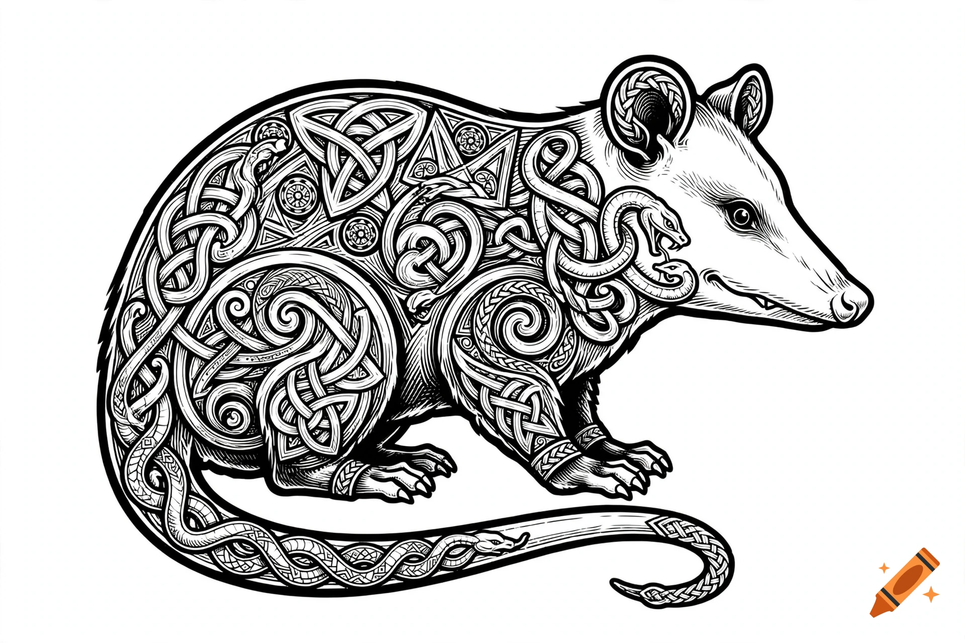 An illustration of an opossum decorated with intricate Celtic knotwork and intertwined snakes, rendered in black and white.