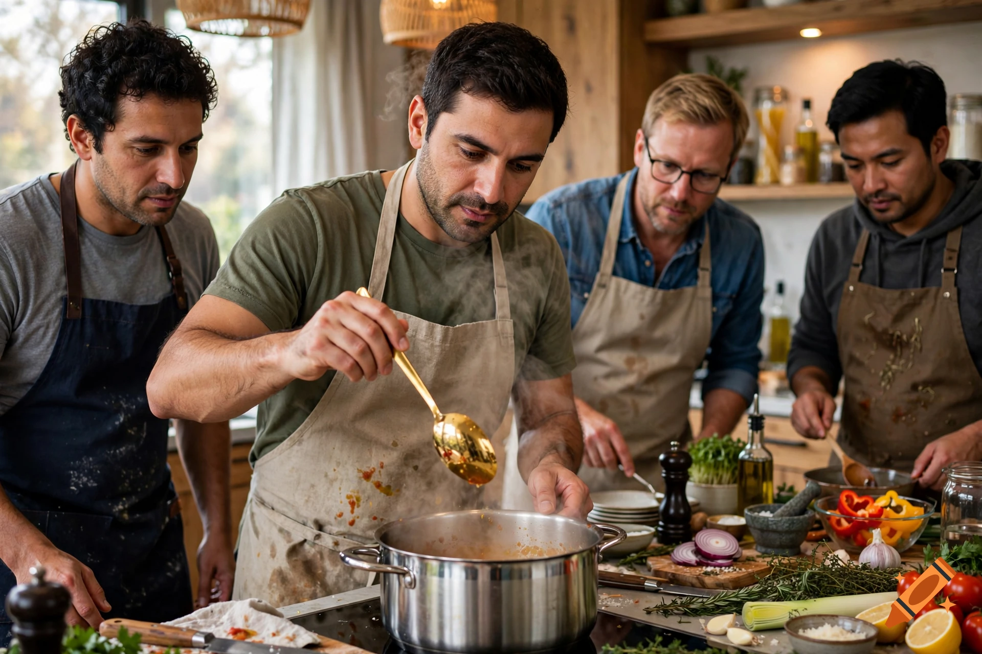 Four men in aprons cooking together in a kitchen, stirring a pot on the stove.