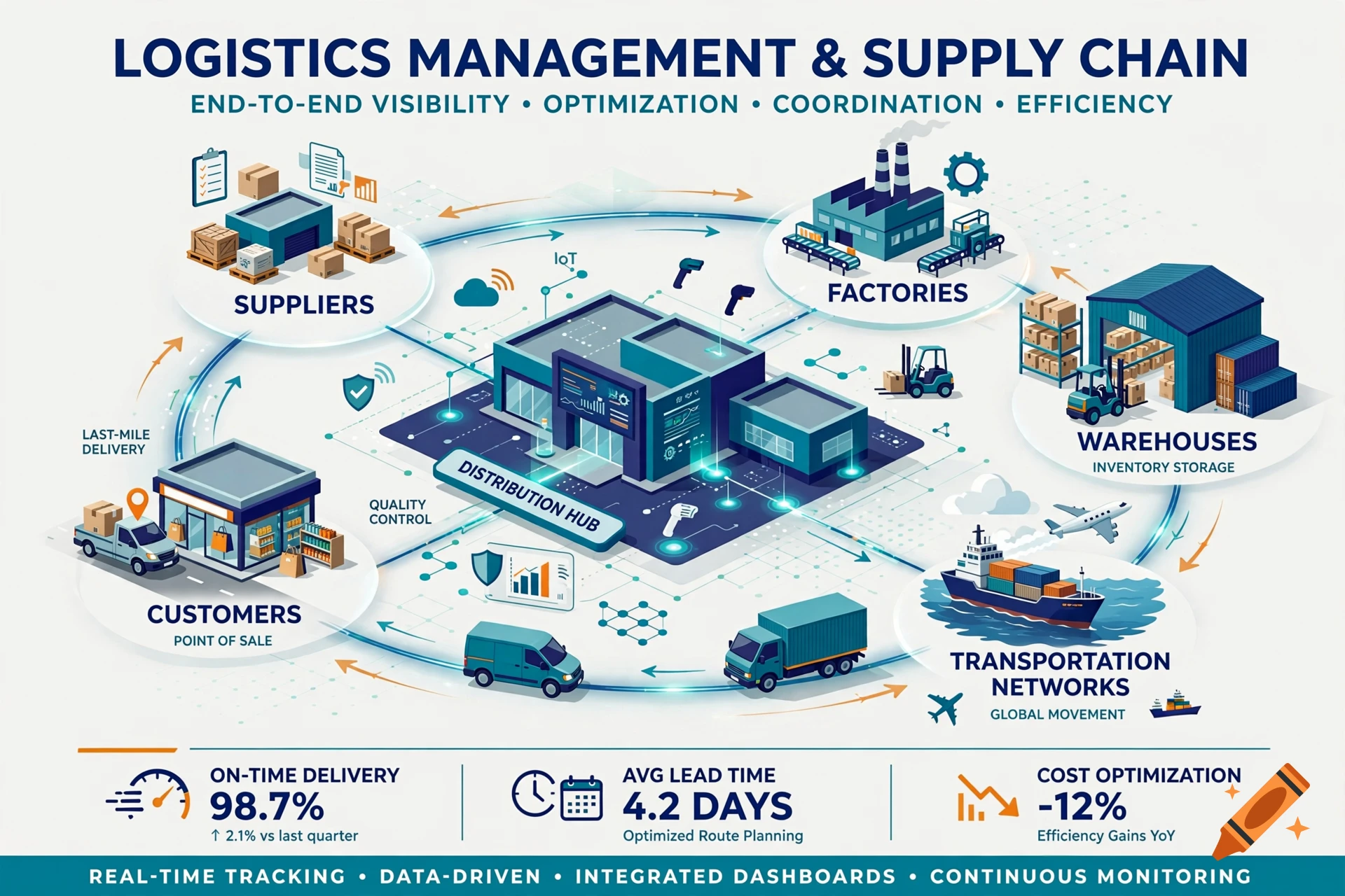 Detailed logistics management and supply chain infographic illustrating suppliers, factories, warehouses, transportation, and customers.