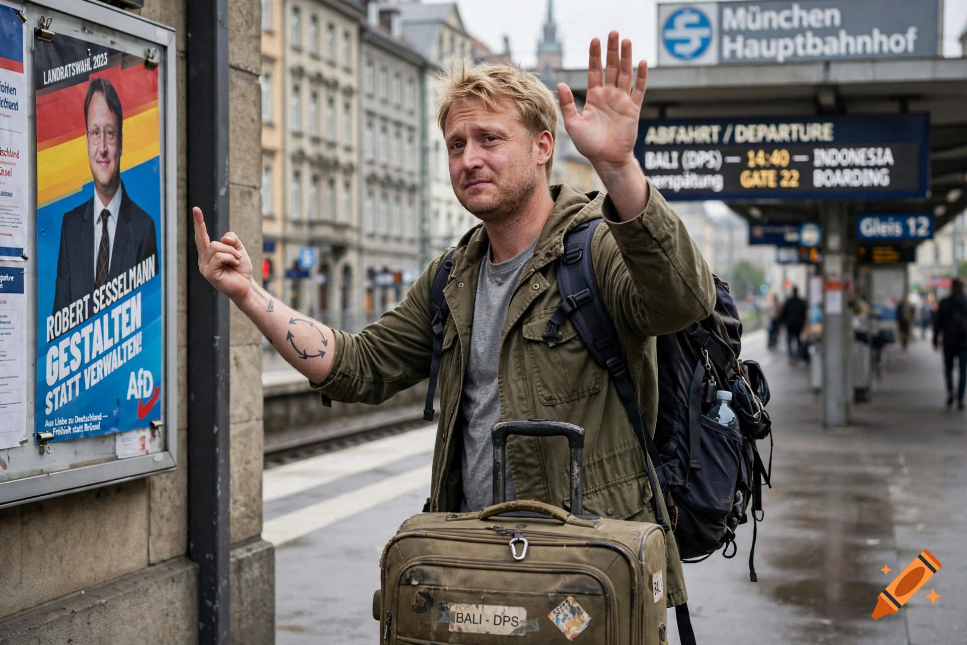 Photorealistic image of a blond man waving goodbye at a train station in Munich, holding a suitcase and giving the middle finger.