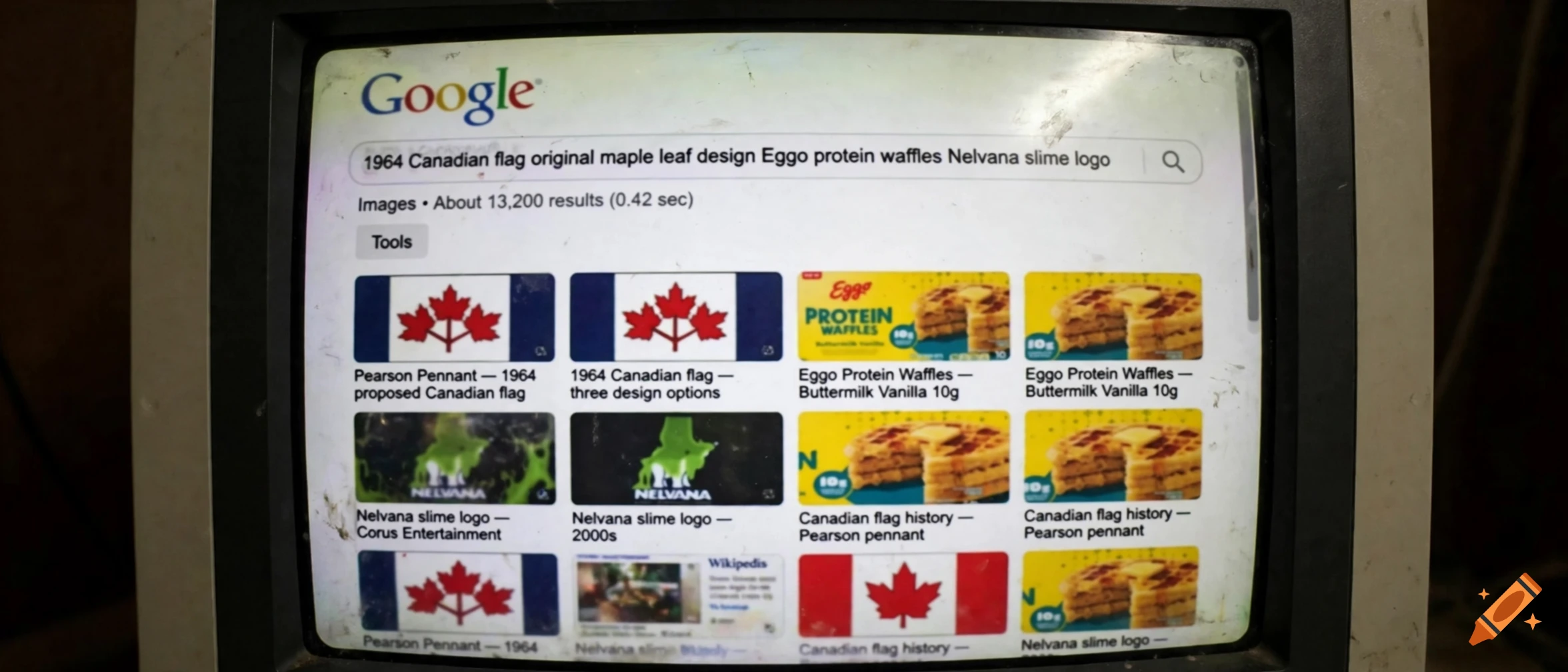 Close-up of an old computer monitor displaying a Google image search results page.