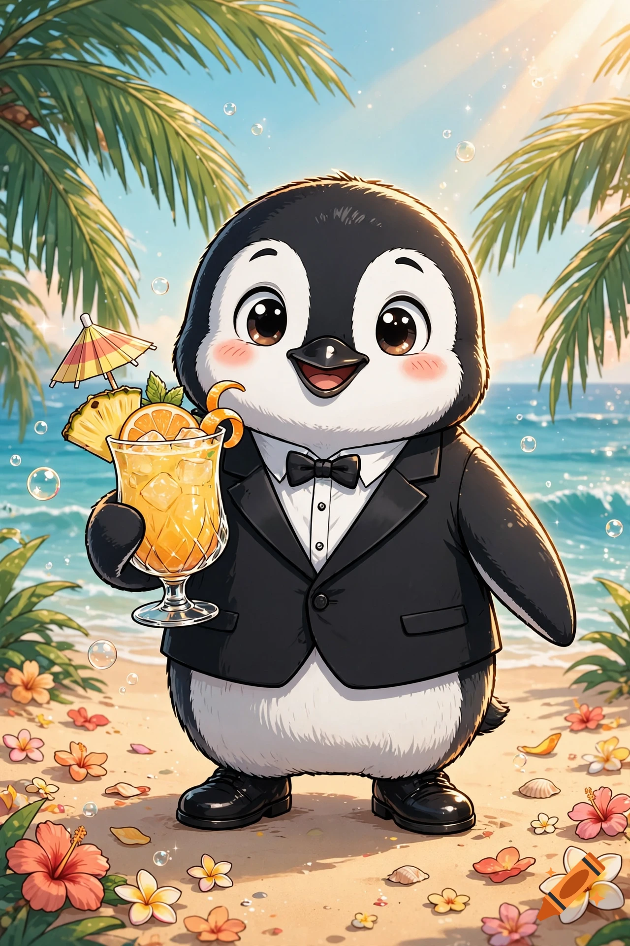 A cute cartoon penguin wearing a tuxedo holds a tropical cocktail on a sunny beach.