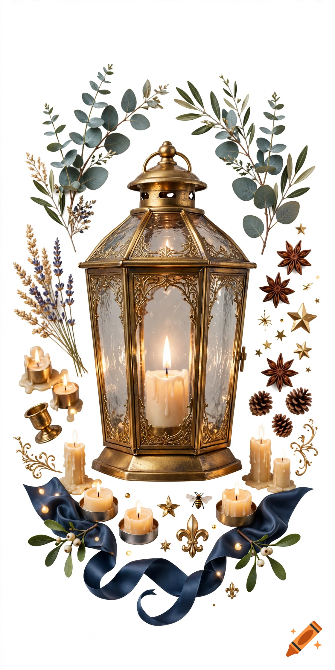 Decorative photorealistic arrangement featuring a central golden lantern with a lit candle, surrounded by eucalyptus, spices, and small candles.