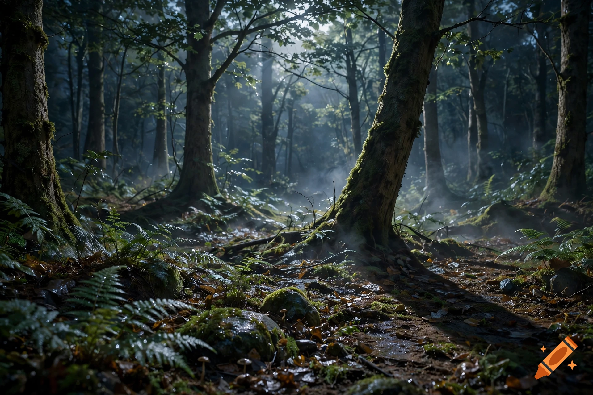 Photorealistic misty forest with mossy tree trunks, ferns, and sunbeams filtering through the canopy.