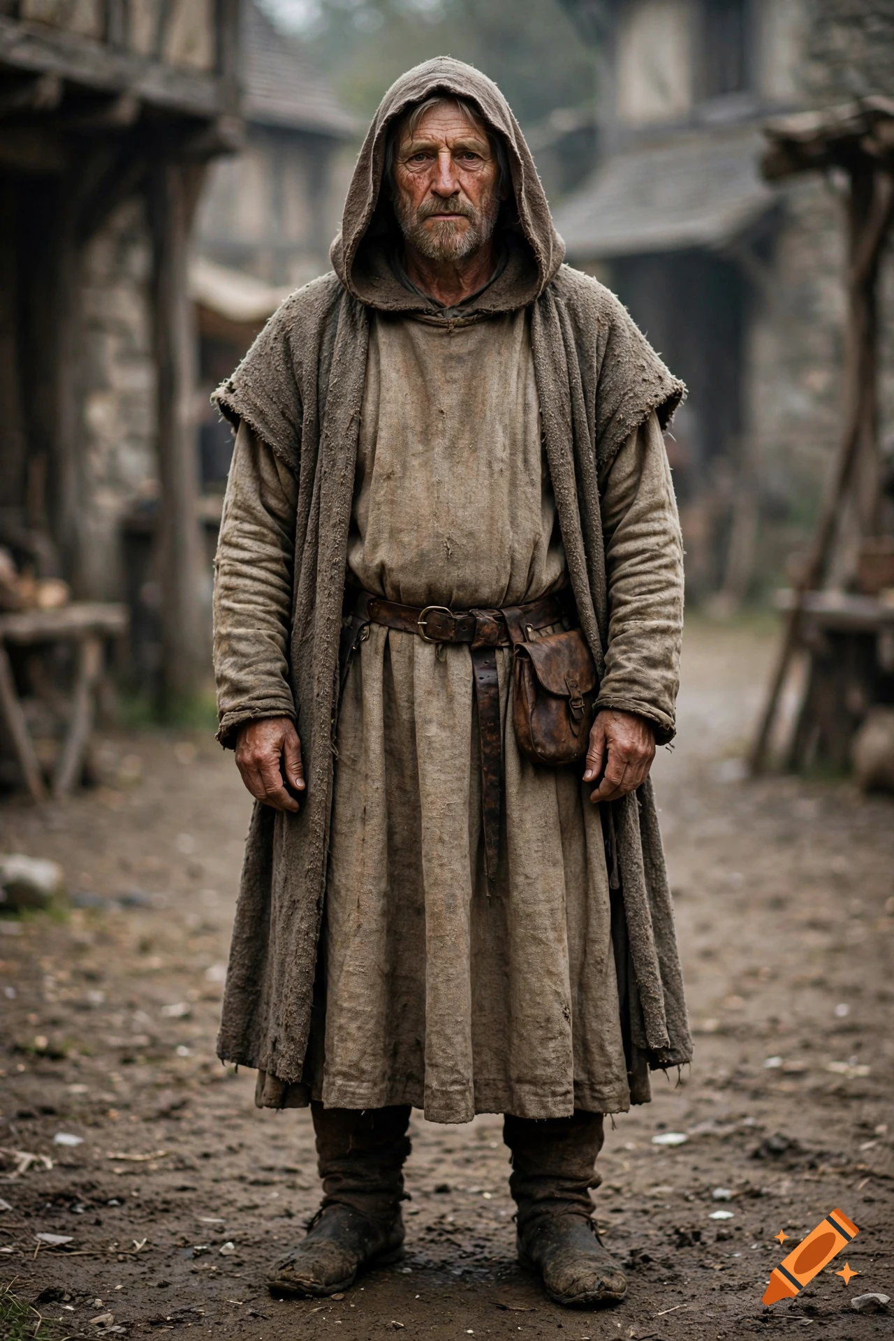An elderly man in a hooded medieval tunic and cloak stands in a village street.