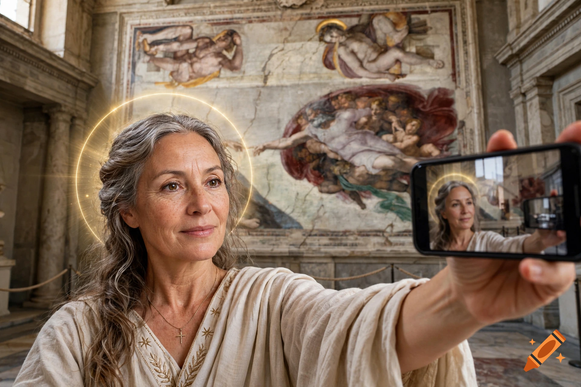 An older woman with grey hair and a glowing halo takes a selfie with a smartphone inside a historic hall with a large Renaissance-style fresco in the background.