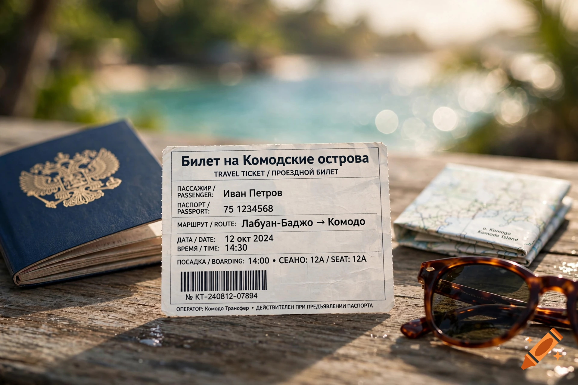 Close-up photorealistic shot of a travel ticket to Komodo islands, a passport, sunglasses, and a map on a wooden table near the beach.