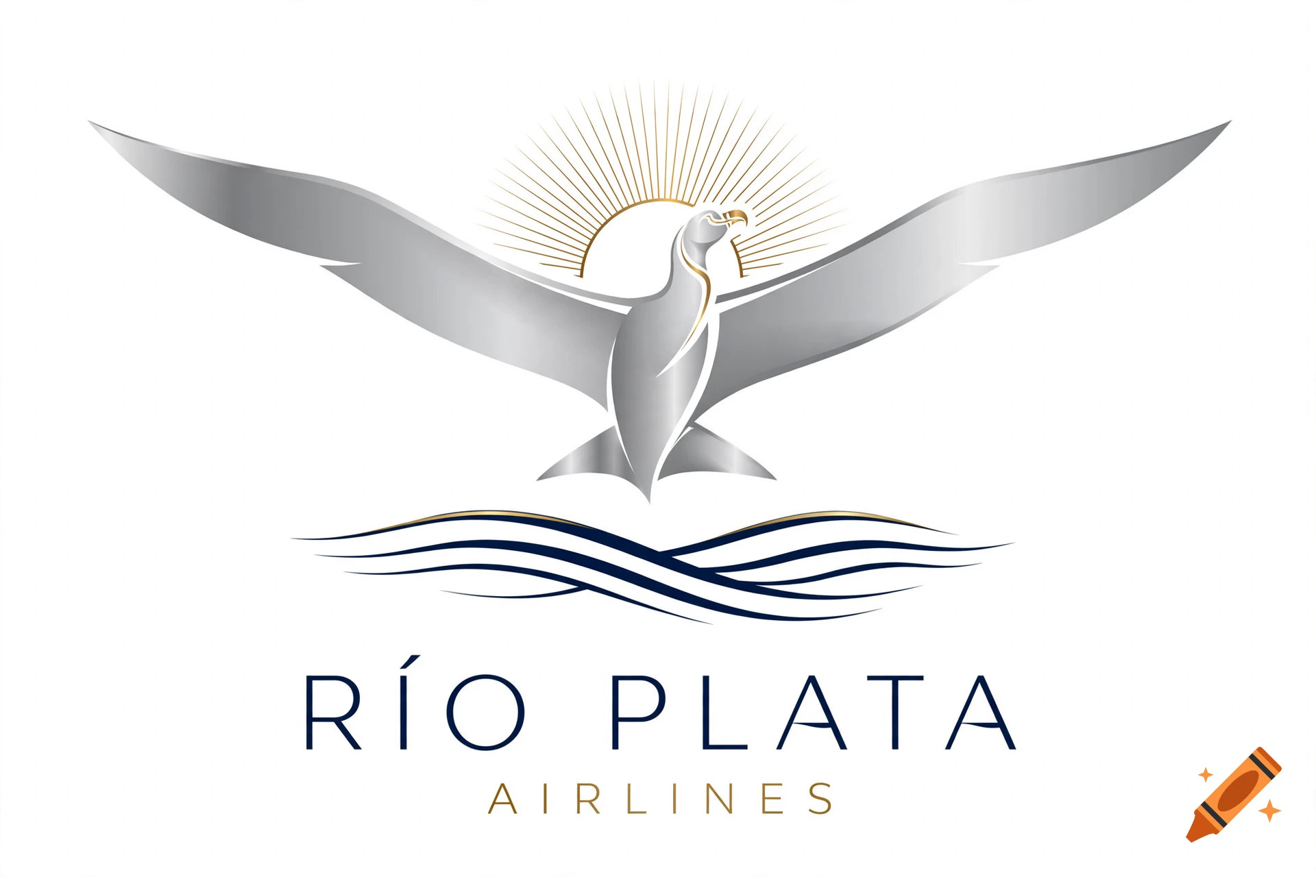 Elegant airline logo featuring a silver condor with outstretched wings over stylized waves and a sun, with text 'RIO PLATA AIRLINES'.