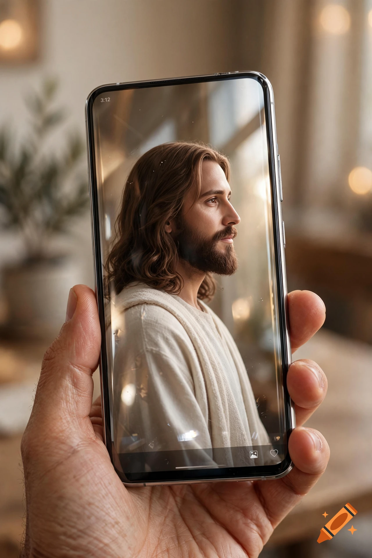 Close-up of a hand holding a smartphone displaying a photorealistic portrait profile picture of Jesus.