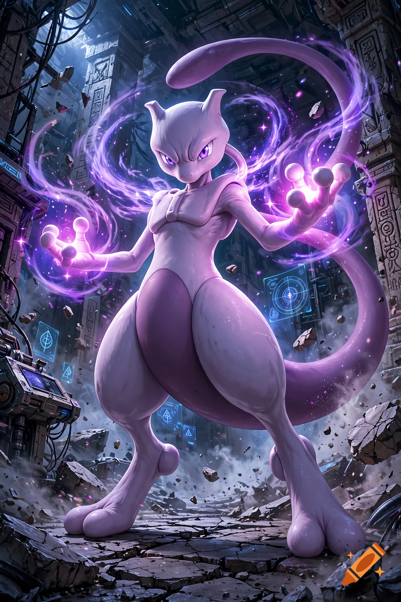 Mewtwo standing in a destroyed futuristic underground chamber, glowing with purple psychic energy.