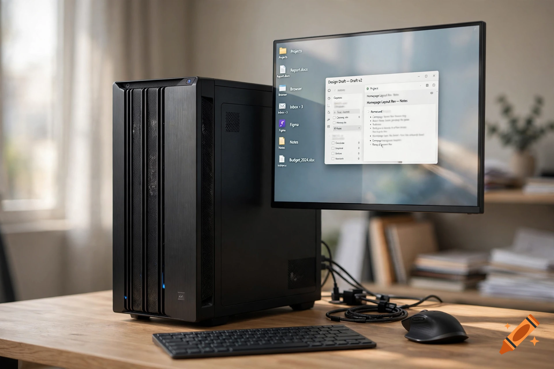 Photorealistic image of a modern black computer tower and a floating monitor displaying files on a wooden desk.