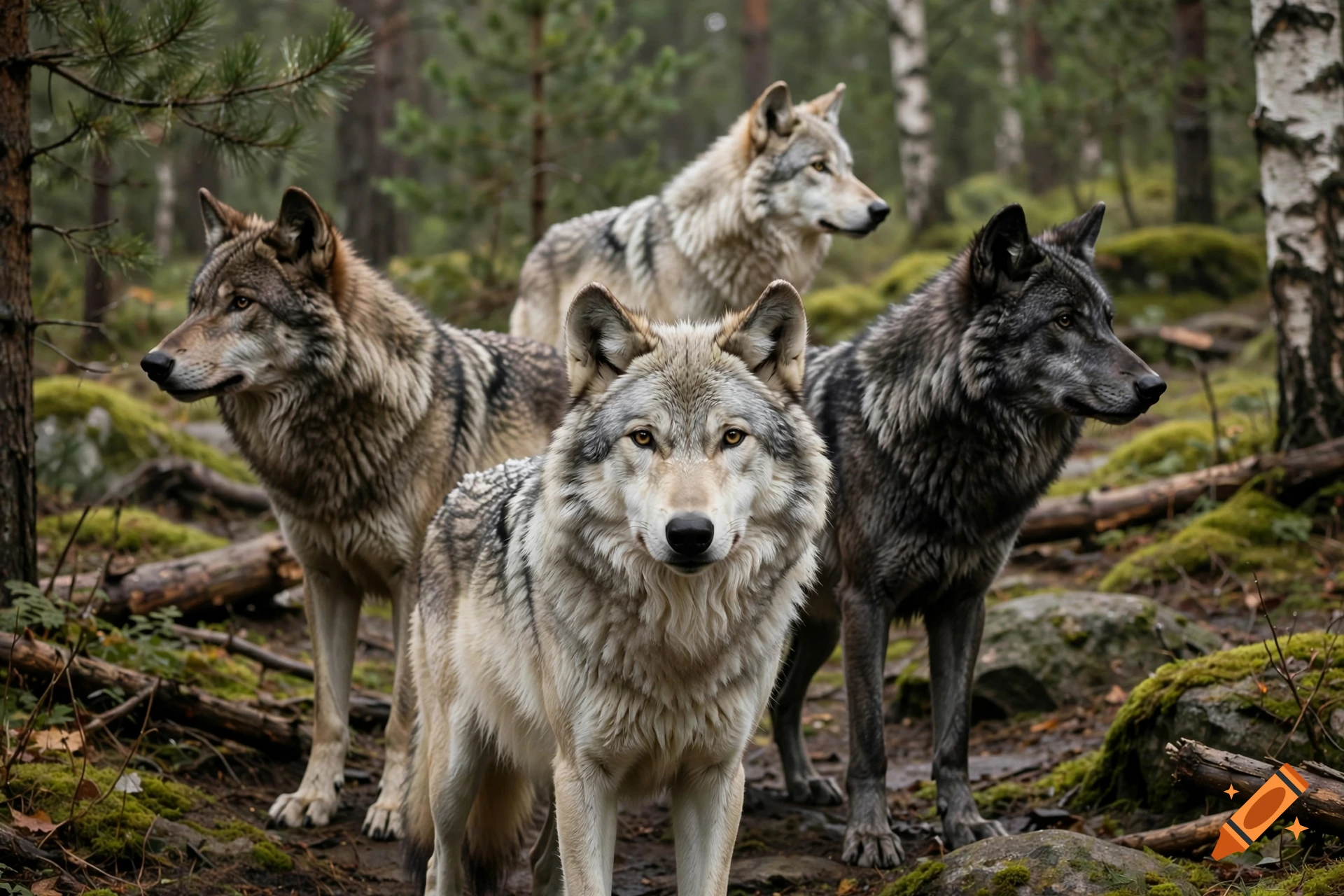 A pack of four wolves standing in a mossy forest.