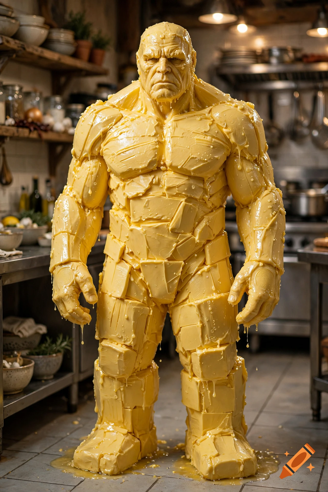 Photorealistic full-body statue of a muscular humanoid golem made of stacked blocks of butter standing in a commercial kitchen.