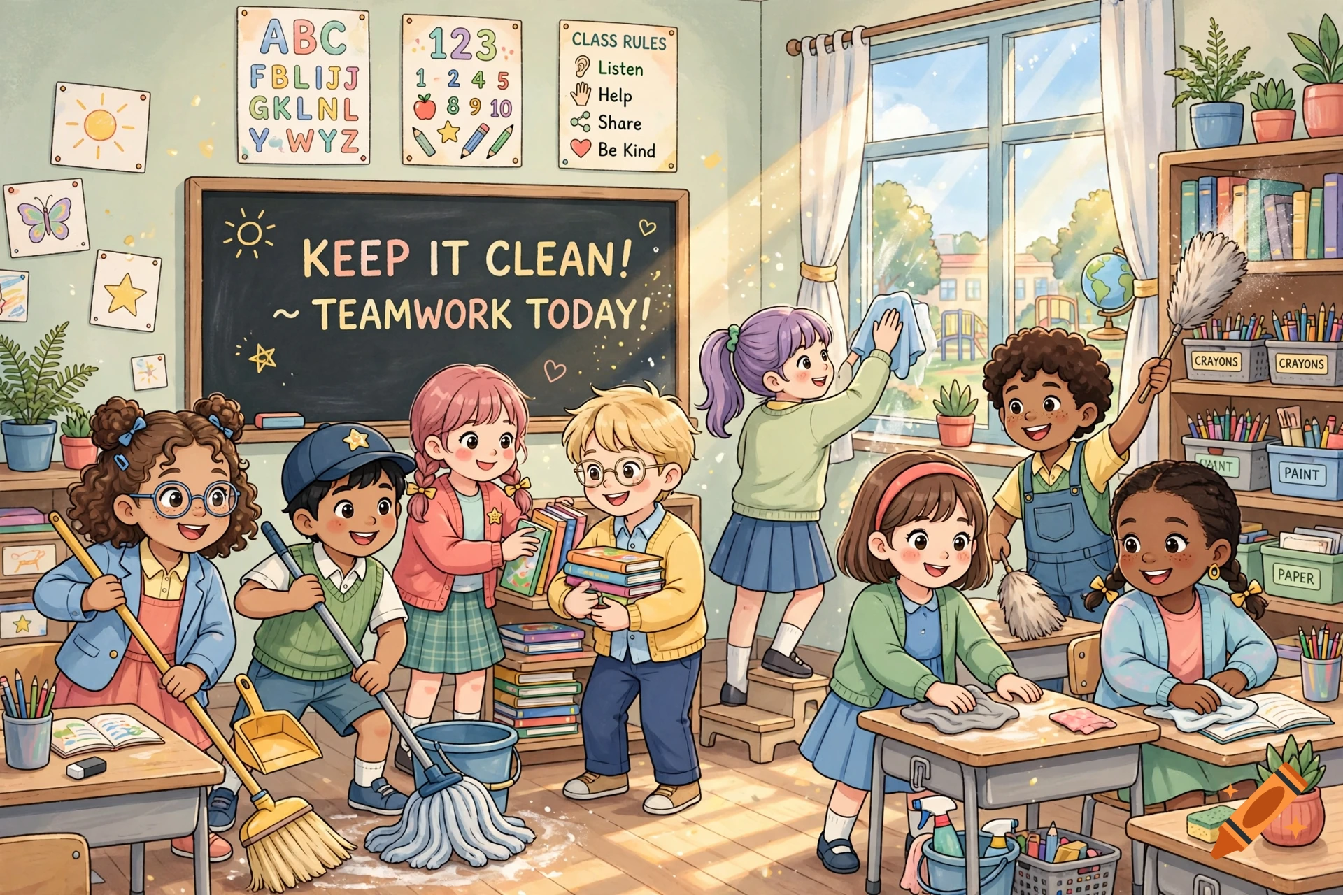 Anime style illustration of eight elementary school children cleaning their classroom together.