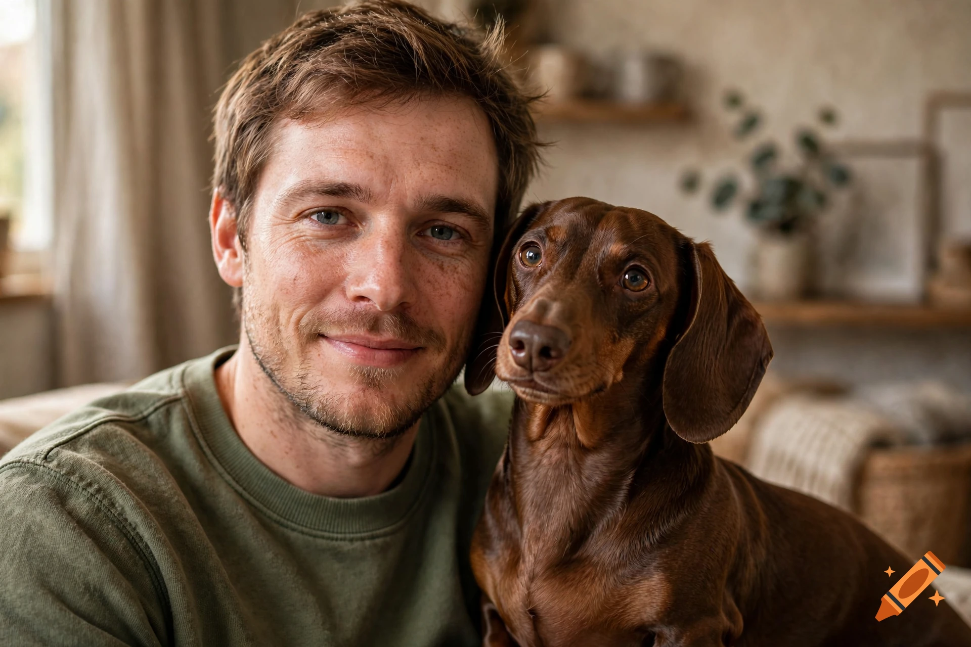 Close-up photorealistic portrait of a smiling man with a brown dachshund dog resting beside his face indoors.