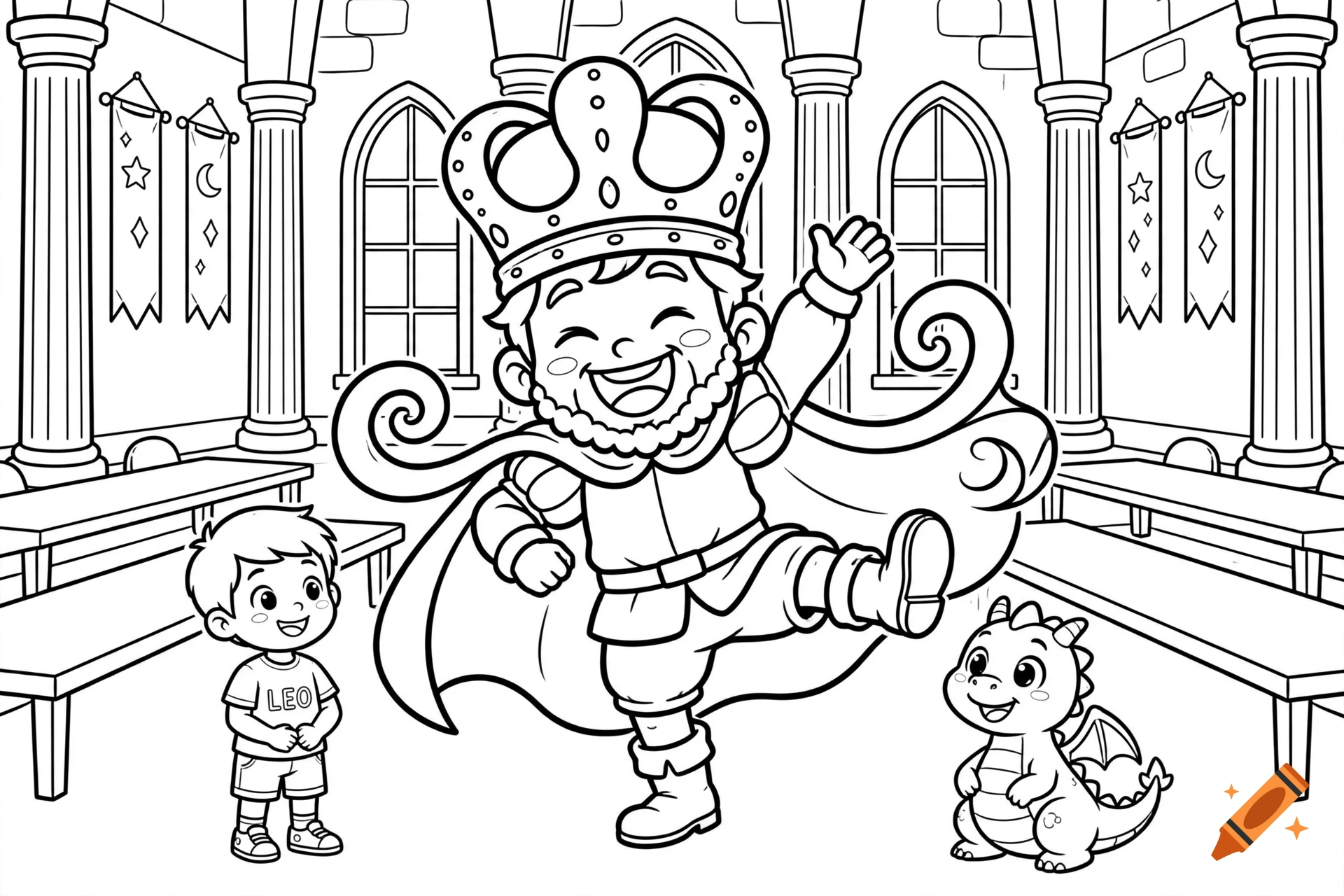 Black and white coloring page of a king dancing in a castle with a boy and a small dragon.