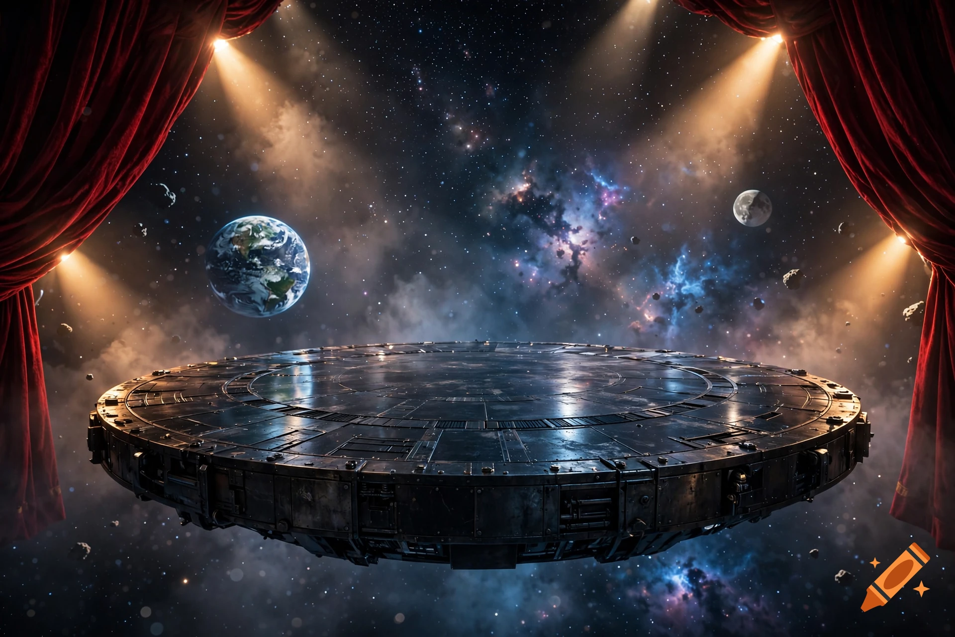 A futuristic metallic stage floating in outer space, framed by red velvet theater curtains and illuminated by spotlights.