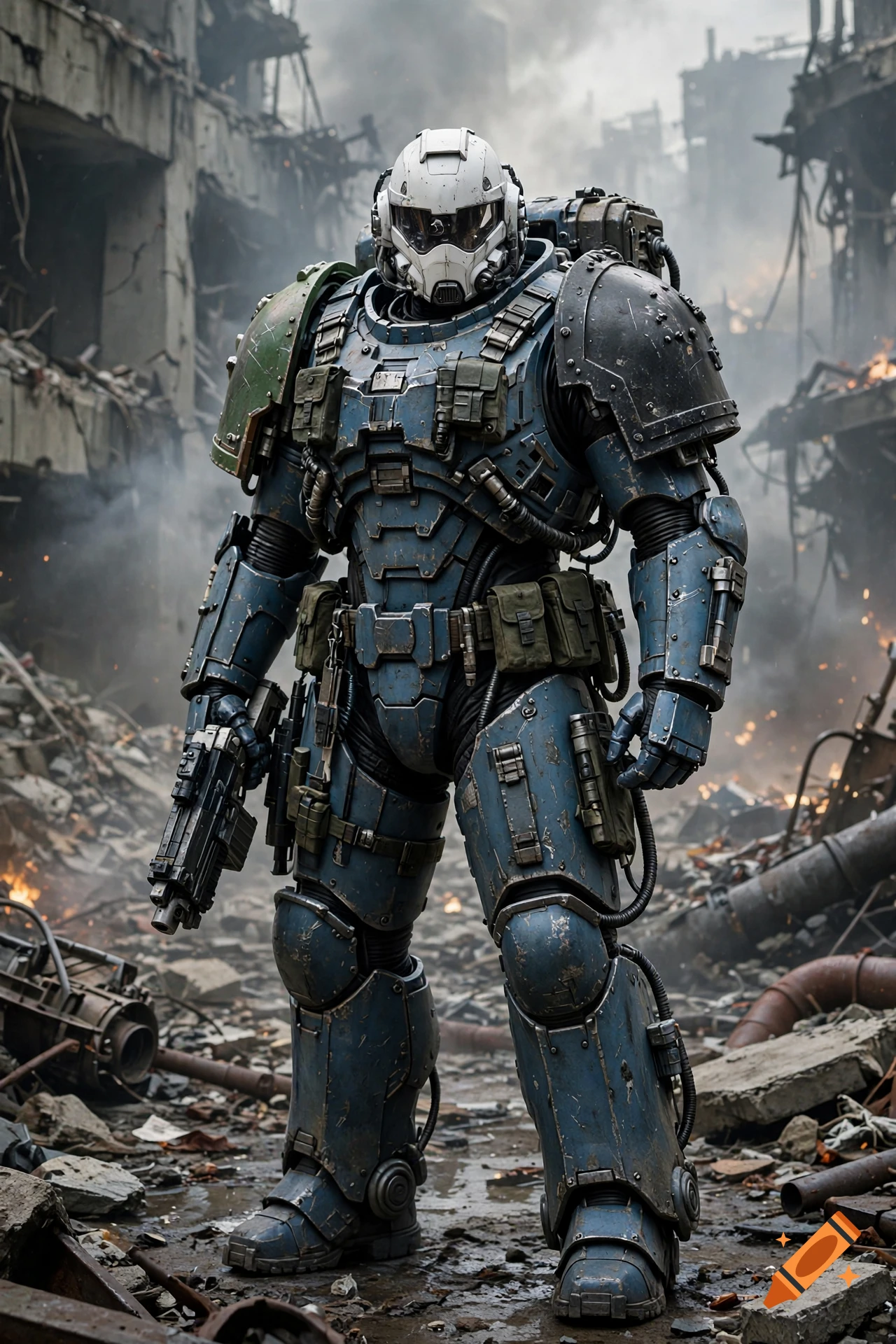 Photorealistic image of a futuristic space marine in blue armor standing amidst a war-torn, destroyed cityscape.