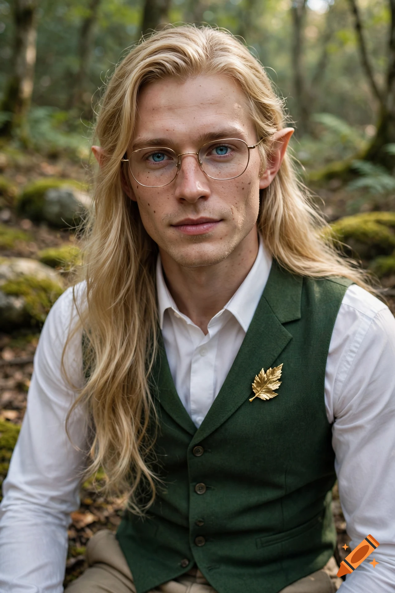 Photorealistic portrait of a male elf with long blonde hair, blue eyes, thin gold glasses, a green vest, and a gold leaf brooch in a forest.
