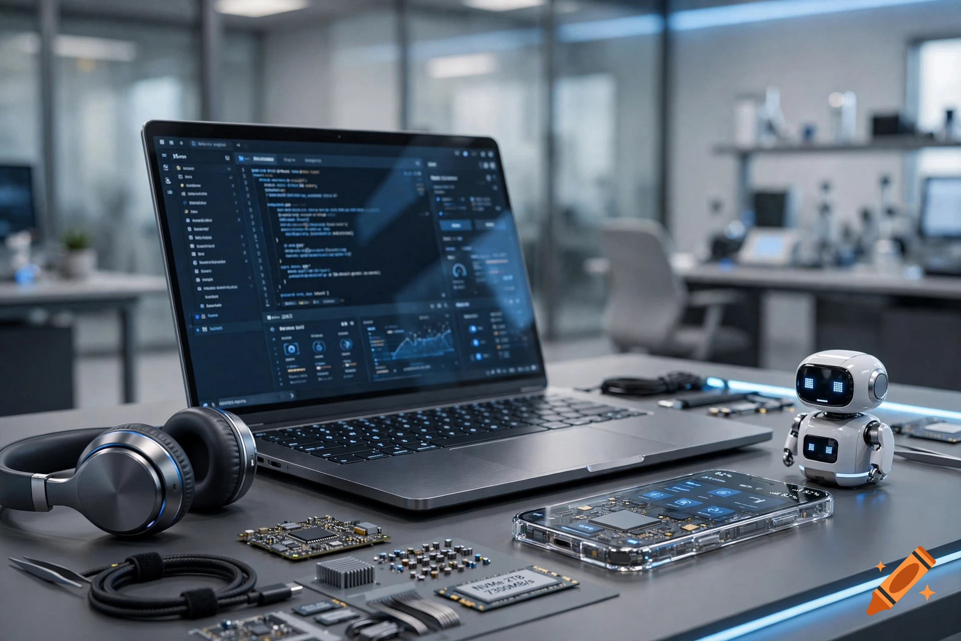 A laptop displaying code and dashboards sits on a desk alongside headphones, a smartphone, a small robot figure, and electronic components in an office setting.