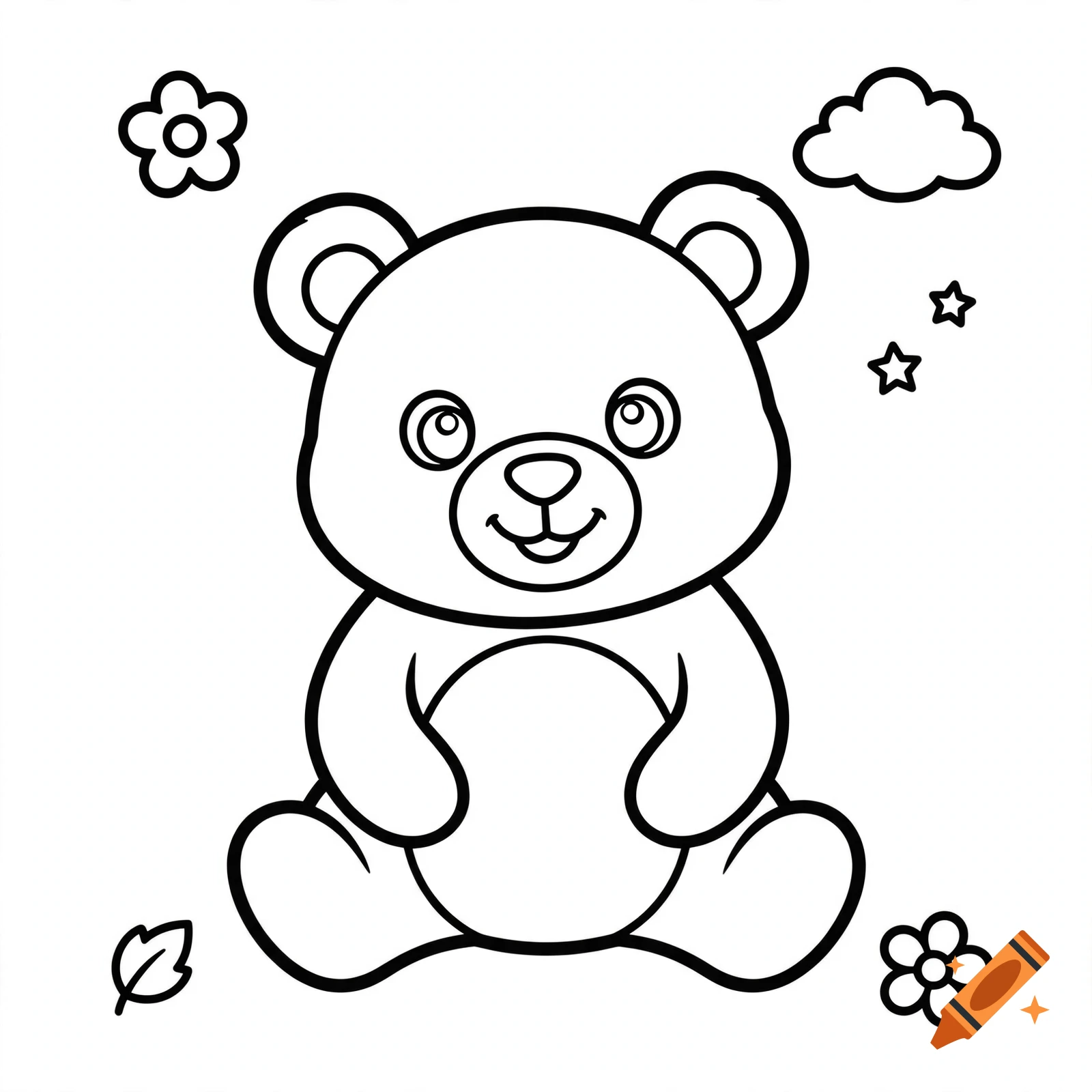 Black and white coloring book page featuring a cute sitting teddy bear surrounded by a flower, cloud, and stars, line art.
