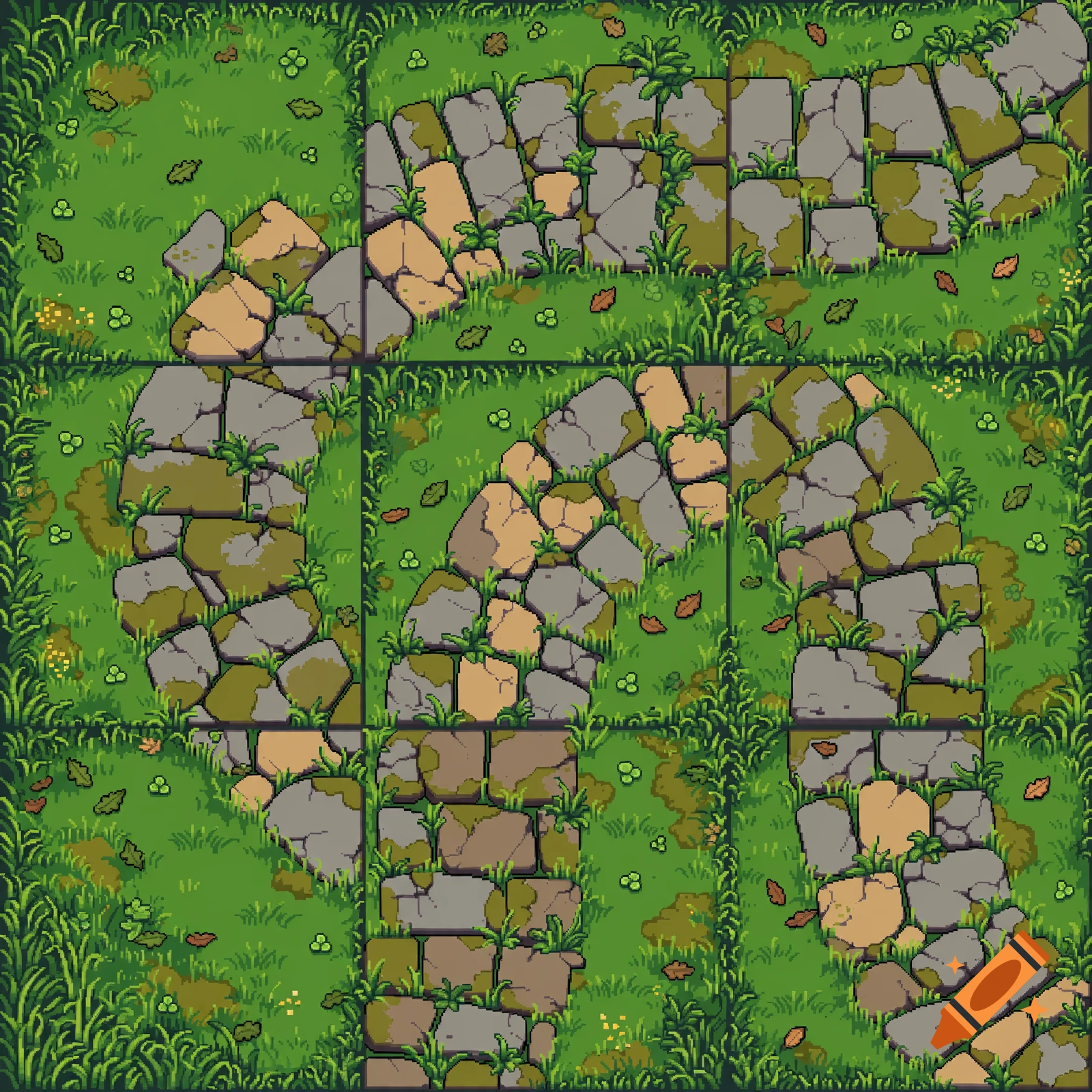 Top-down 2D pixel art of an old stone path winding through green grass, laid out in a 3x3 grid tile set.
